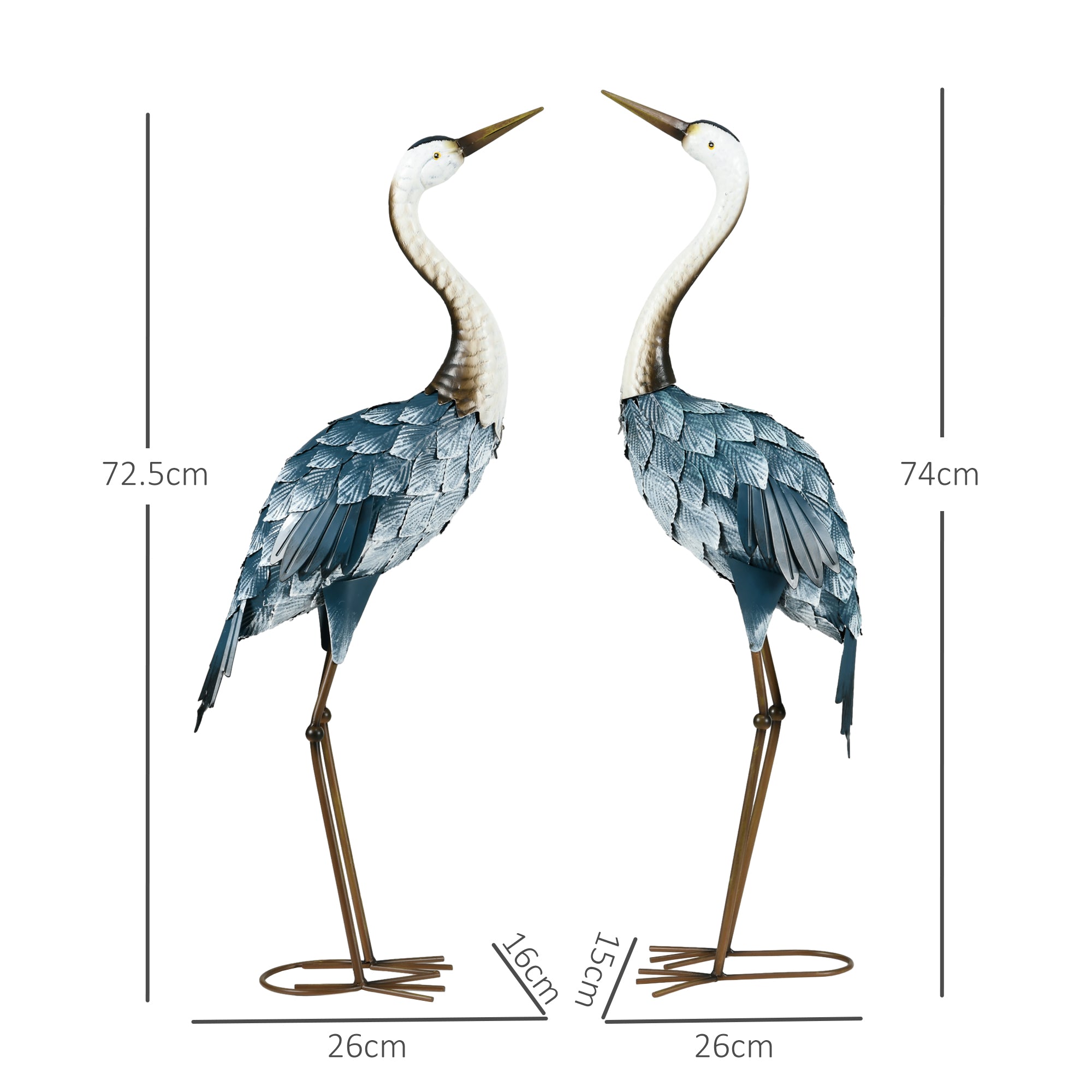 Outsunny Set de 2 Piezas Estatuas de Jardín de Grulla de Acero Esculturas de Garza para Exteriores Adornos de Grulla para Decoración de Césped Patio Estanque