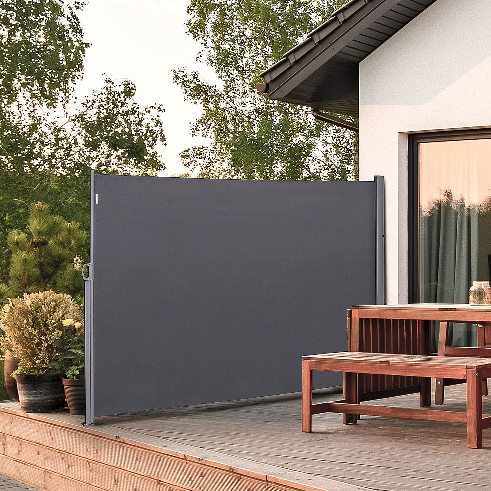 Outsunny Pantalla de Toldo Lateral Retráctil 300x180cm para Terraza Patio o Jardín de Mampara de Privacidad para Exterior Plegable Gris