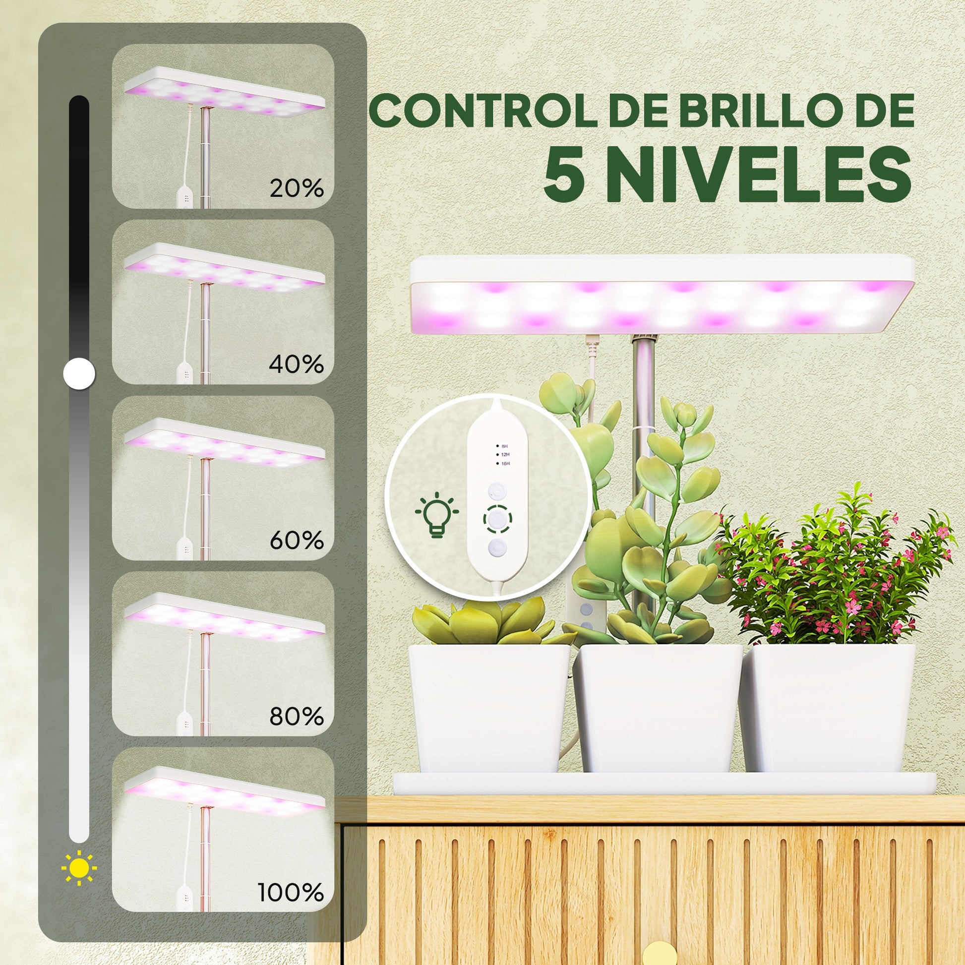 Outsunny Lámpara de Planta Interior, 30 LED, Luz de Crecimiento de Espectro Completo, Ajustable en Altura con Temporizador Automático 8/12/16/24H, 5 de Brillo y 3 Cajas para Invernadero, Jardín