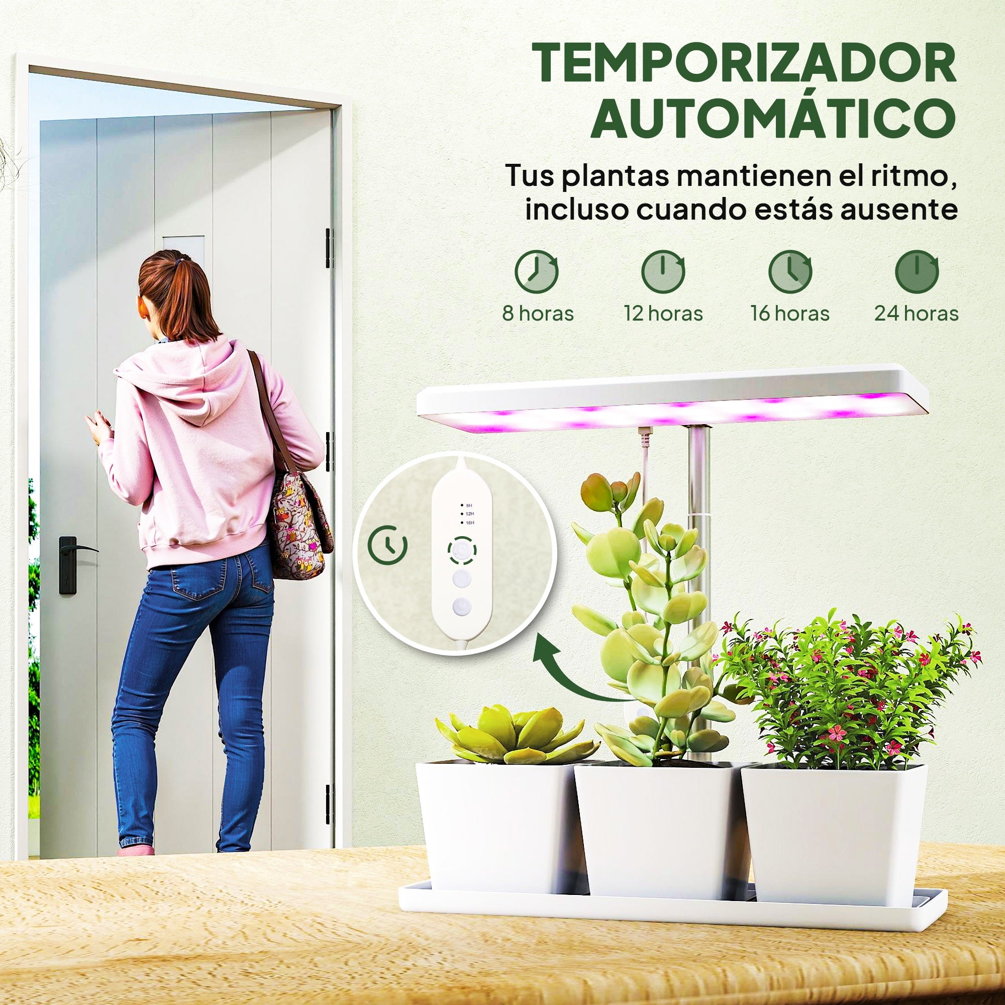 Outsunny Lámpara de Planta Interior, 30 LED, Luz de Crecimiento de Espectro Completo, Ajustable en Altura con Temporizador Automático 8/12/16/24H, 5 de Brillo y 3 Cajas para Invernadero, Jardín