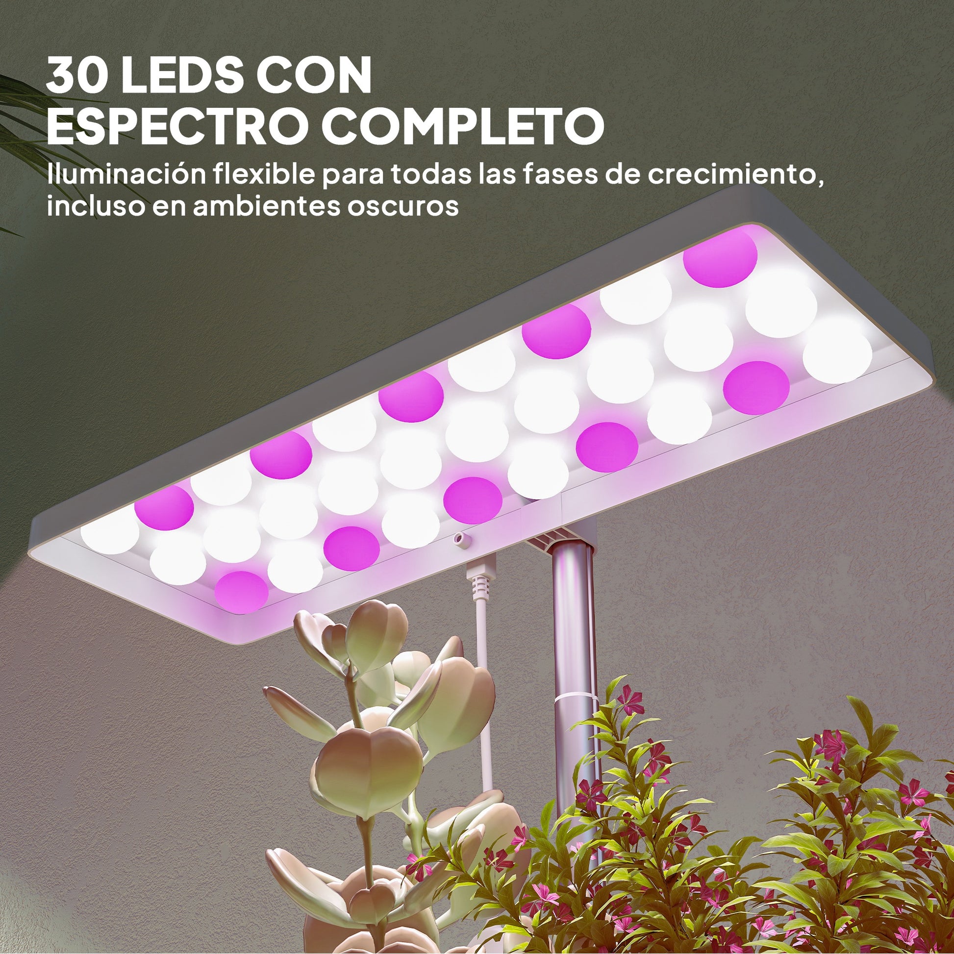 Outsunny Lámpara de Planta Interior, 30 LED, Luz de Crecimiento de Espectro Completo, Ajustable en Altura con Temporizador Automático 8/12/16/24H, 5 de Brillo y 3 Cajas para Invernadero, Jardín