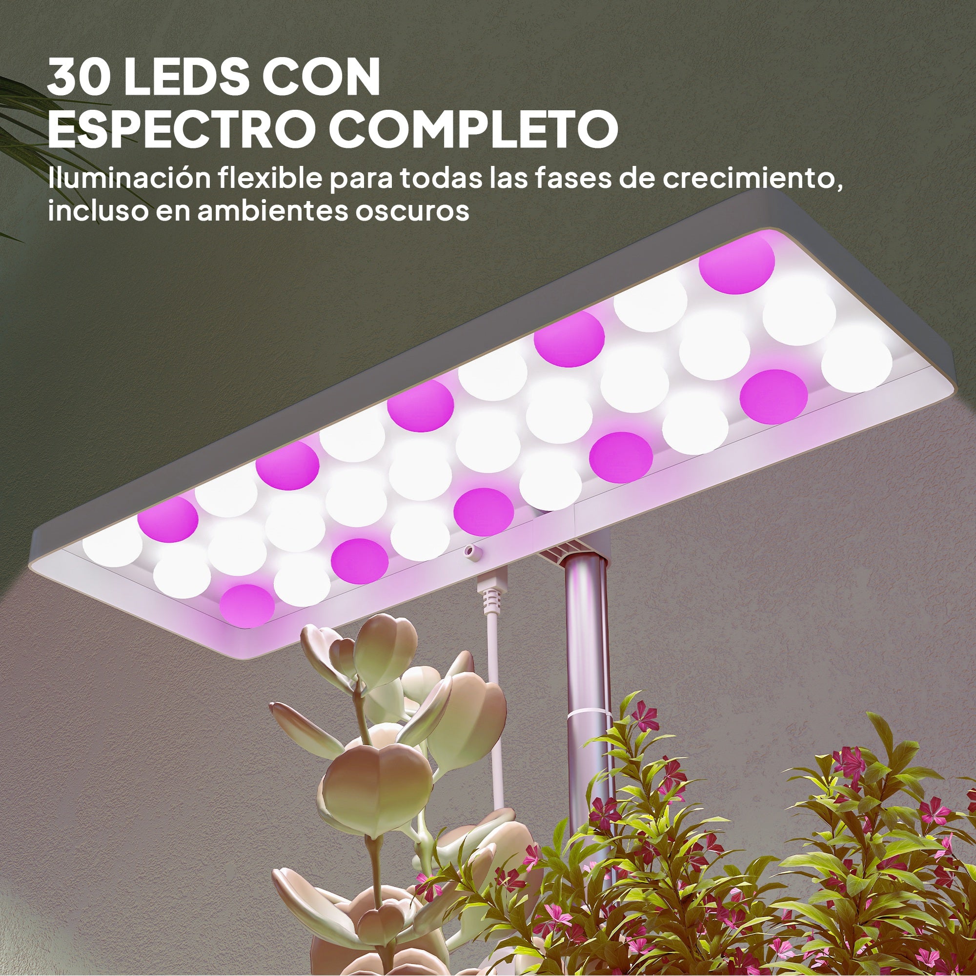Outsunny Lámpara de Planta Interior, 30 LED, Luz de Crecimiento de Espectro Completo, Ajustable en Altura con Temporizador Automático 8/12/16/24H, 5 de Brillo y 3 Cajas para Invernadero, Jardín