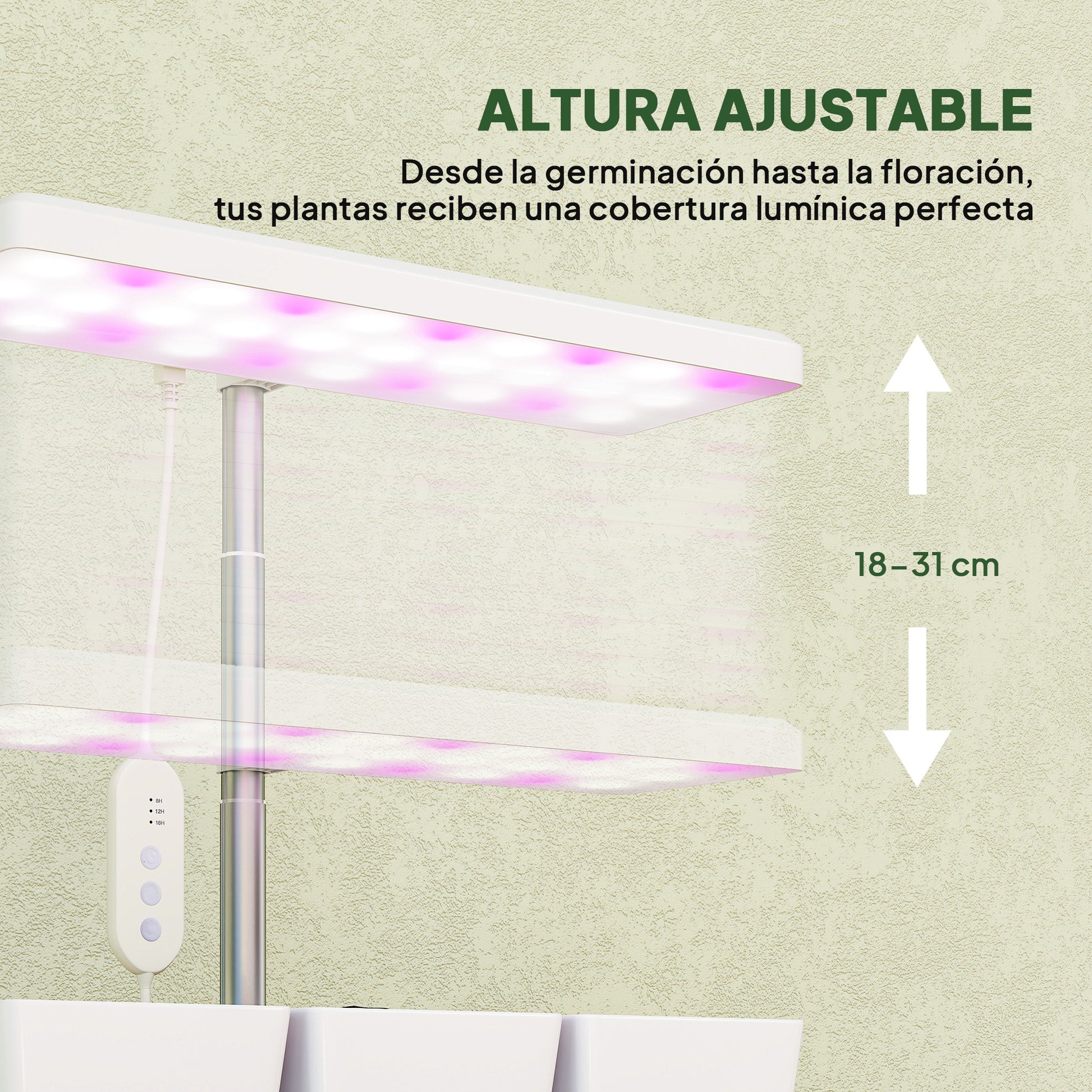 Outsunny Lámpara de Planta Interior, 30 LED, Luz de Crecimiento de Espectro Completo, Ajustable en Altura con Temporizador Automático 8/12/16/24H, 5 de Brillo y 3 Cajas para Invernadero, Jardín