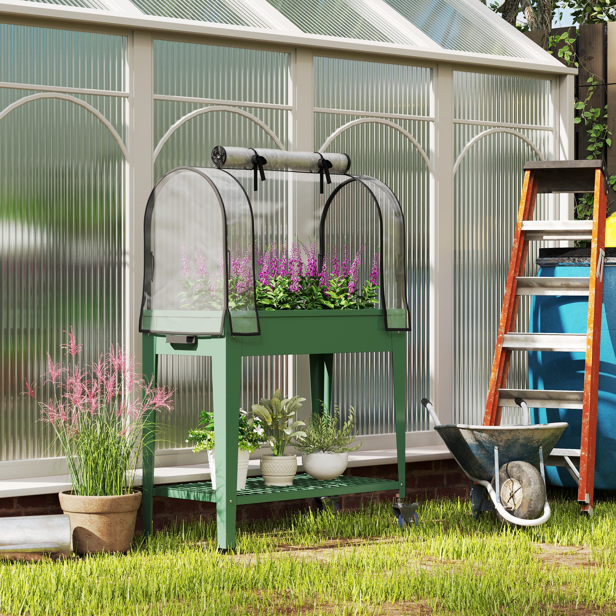 Outsunny Huerto Urbano Elevado con Ruedas, Mesa de Cultivo con Cubierta PVC de Invernadero y Estante Inferior para Cultivo, Plantas, Flores y Verduras, 80x40x120 cm, Verde