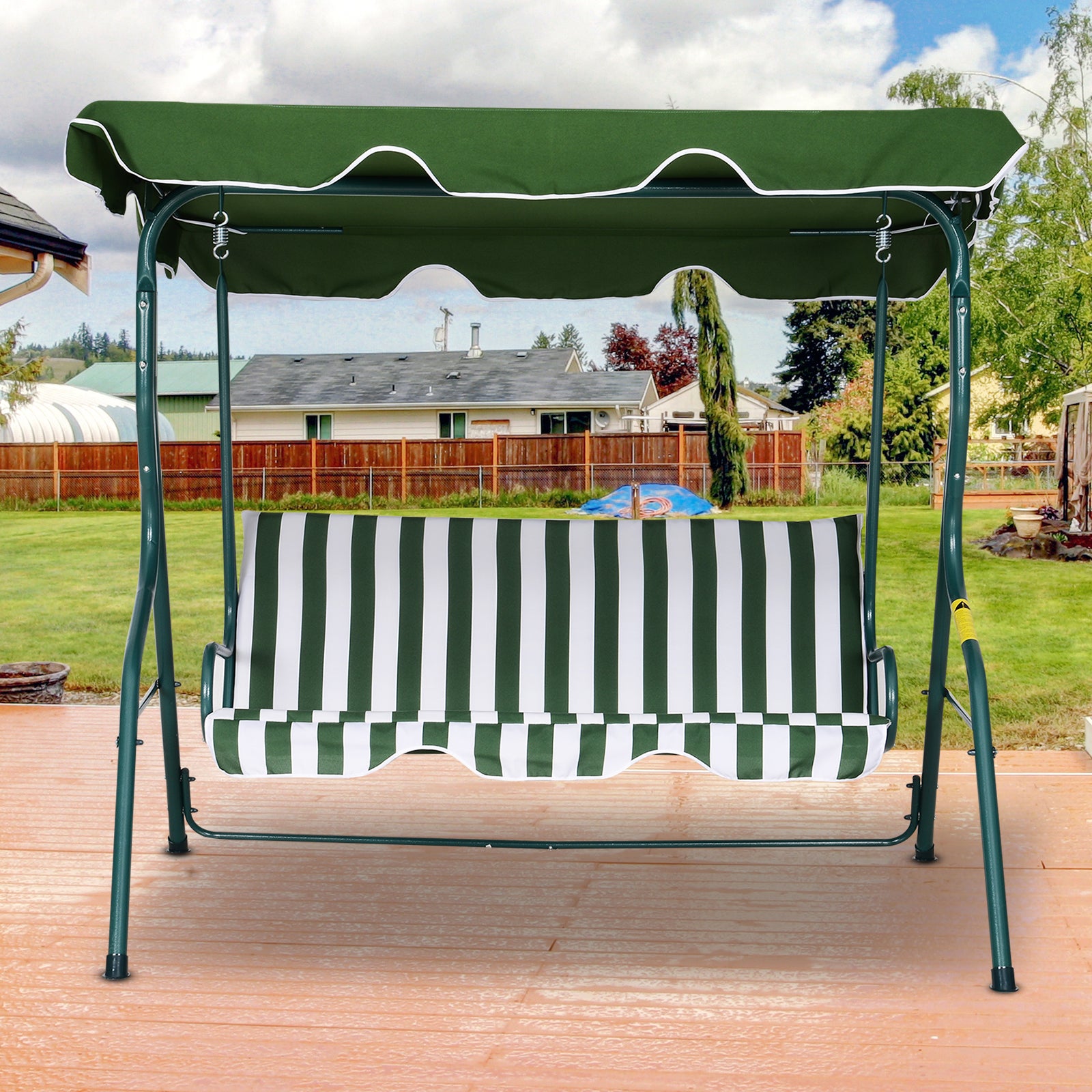 Outsunny Columpio Balancín de Jardín Exterior 3 Plazas de Metal con Cojín y Techo Ajustable para Balcón Terraza Carga 200 kg 170x110x153 cm Raya Verde