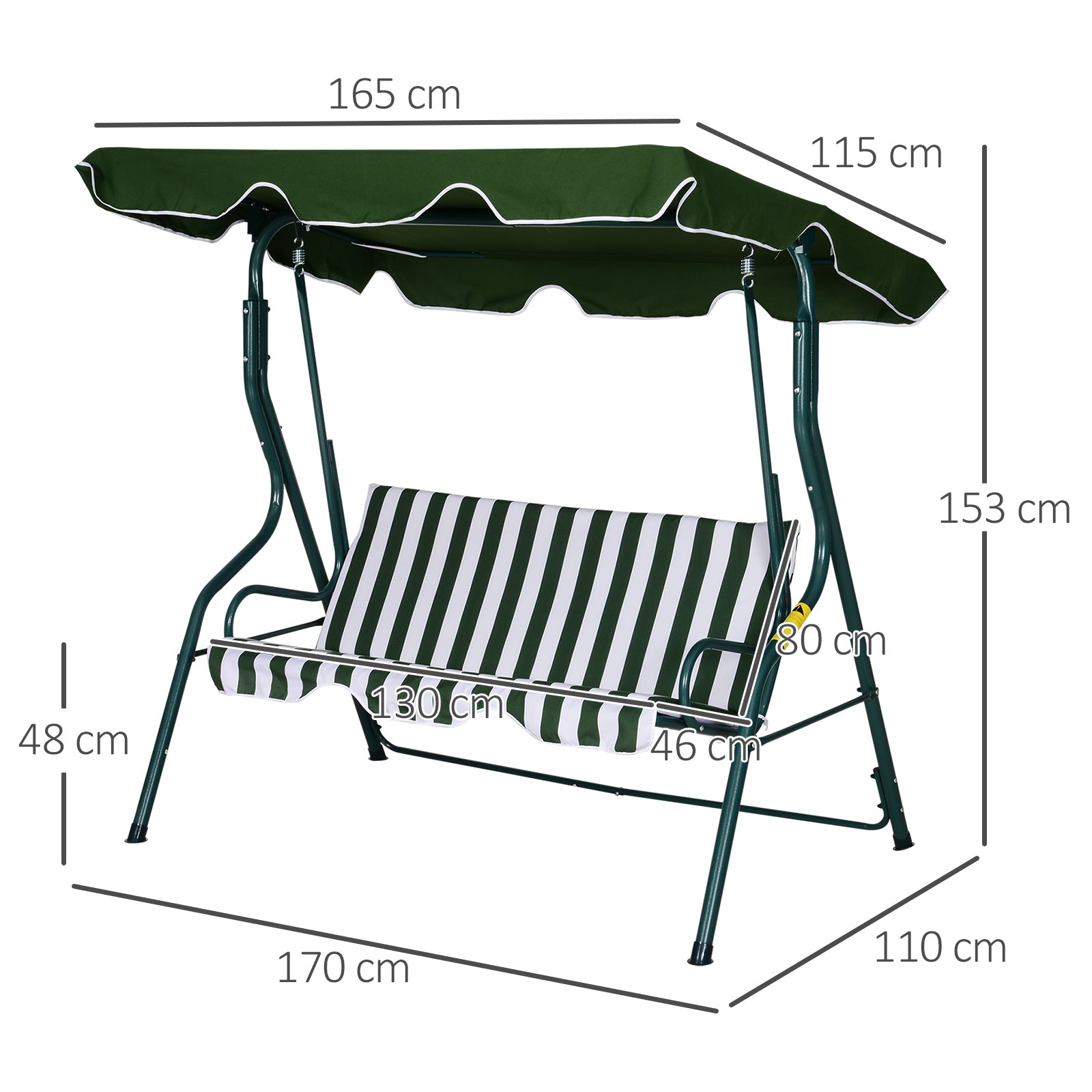 Outsunny Columpio Balancín de Jardín Exterior 3 Plazas de Metal con Cojín y Techo Ajustable para Balcón Terraza Carga 200 kg 170x110x153 cm Raya Verde