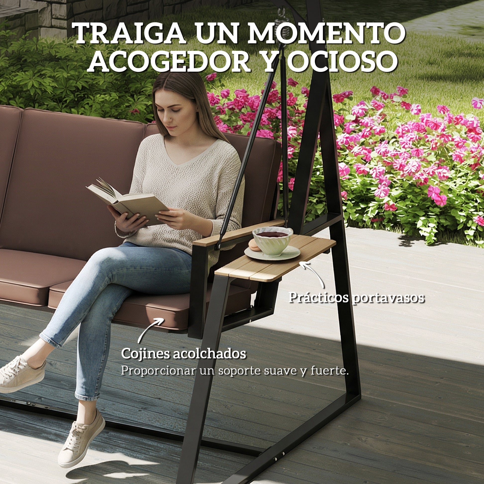 Outsunny Columpio de Jardín de 3 Plazas, Balancín de Jardín Exterior con Techo Ajustable UPF50+, 2 Bandejas, Cojines y Marco de Metal, para Balcón, Terraza, Patio, Carga 360 kg, 222x131x175 cm, Marrón
