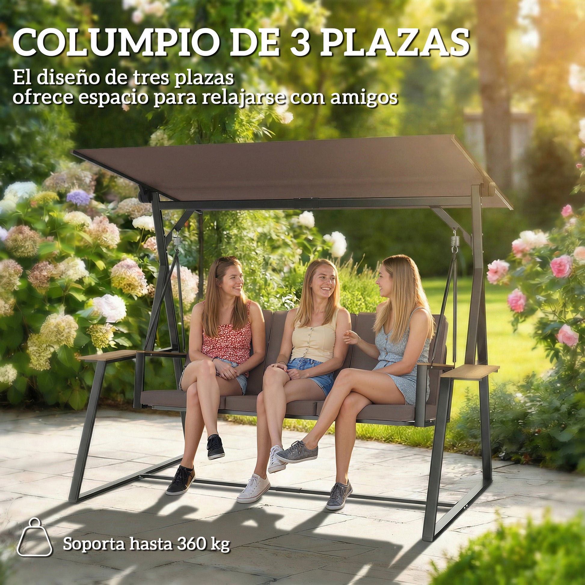 Outsunny Columpio de Jardín de 3 Plazas, Balancín de Jardín Exterior con Techo Ajustable UPF50+, 2 Bandejas, Cojines y Marco de Metal, para Balcón, Terraza, Patio, Carga 360 kg, 222x131x175 cm, Marrón