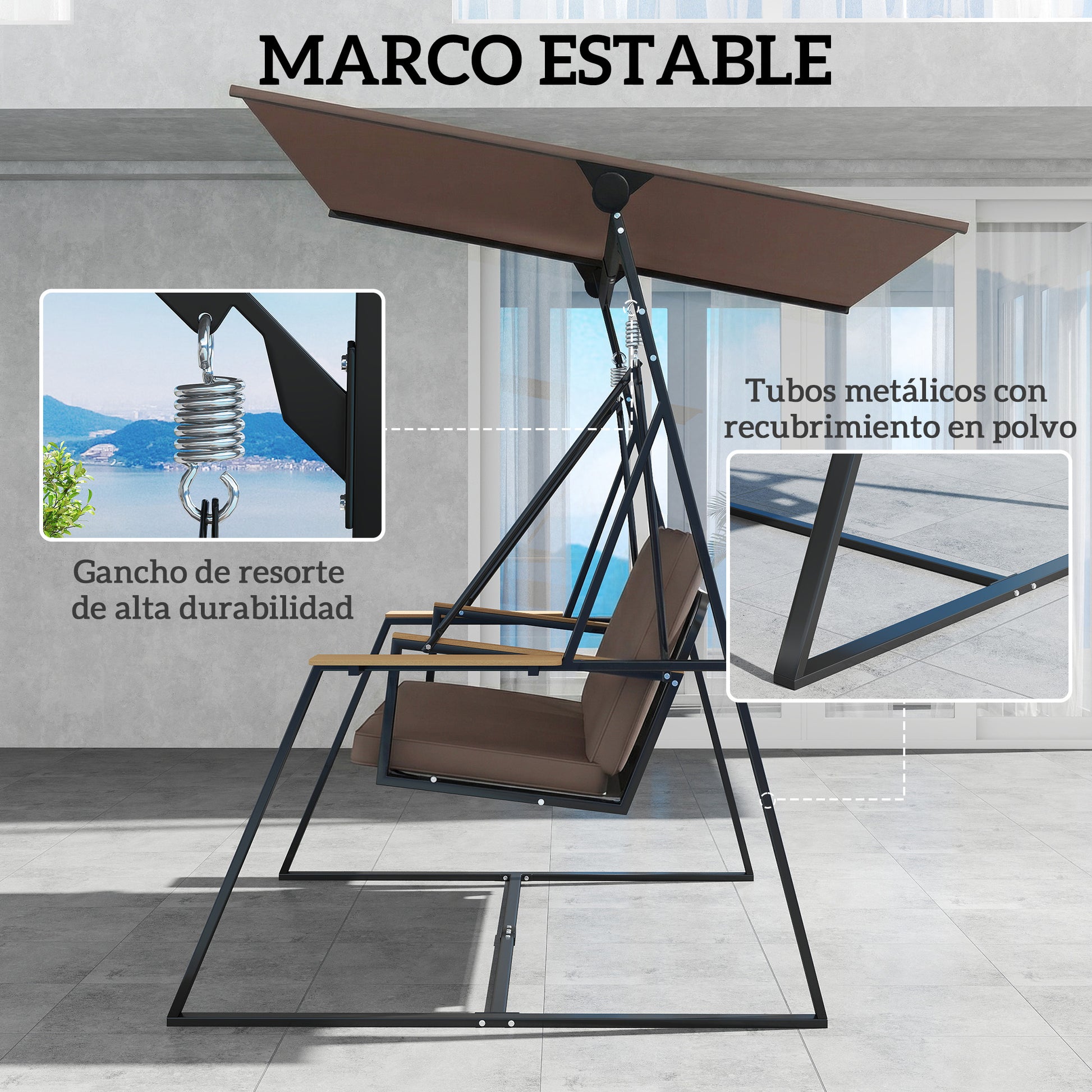Outsunny Columpio de Jardín de 3 Plazas, Balancín de Jardín Exterior con Techo Ajustable UPF50+, 2 Bandejas, Cojines y Marco de Metal, para Balcón, Terraza, Patio, Carga 360 kg, 222x131x175 cm, Marrón