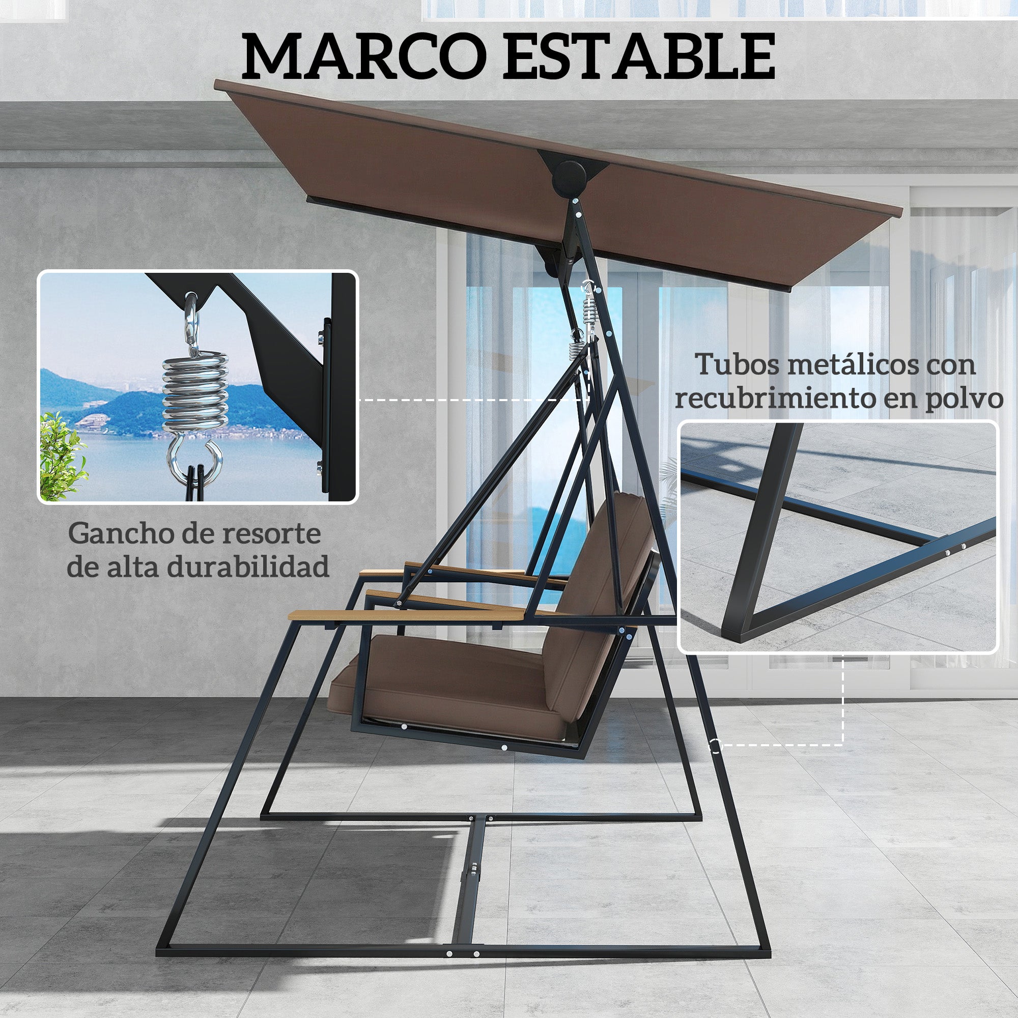 Outsunny Columpio de Jardín de 3 Plazas, Balancín de Jardín Exterior con Techo Ajustable UPF50+, 2 Bandejas, Cojines y Marco de Metal, para Balcón, Terraza, Patio, Carga 360 kg, 222x131x175 cm, Marrón