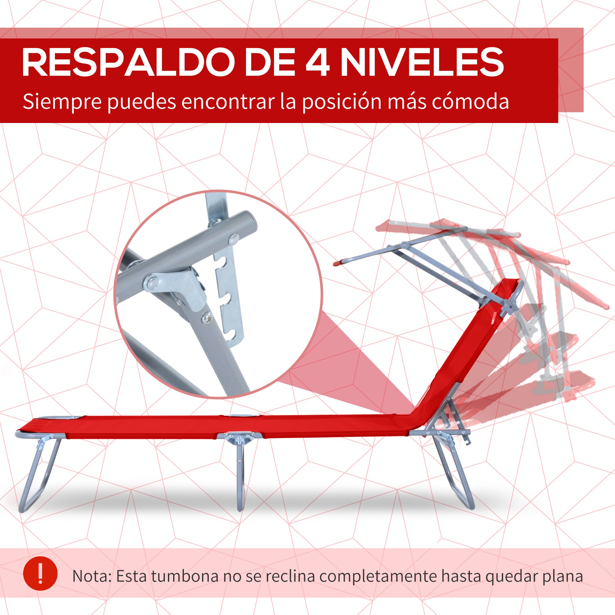 Outsunny Tumbona Plegable Tumbona de Jardín Exterior Reclinable con Toldo Desmontable con Ángulo Regulable Respaldo Ajustable en 4 Niveles para Terraza Piscina Patio 187x58x36 cm Rojo