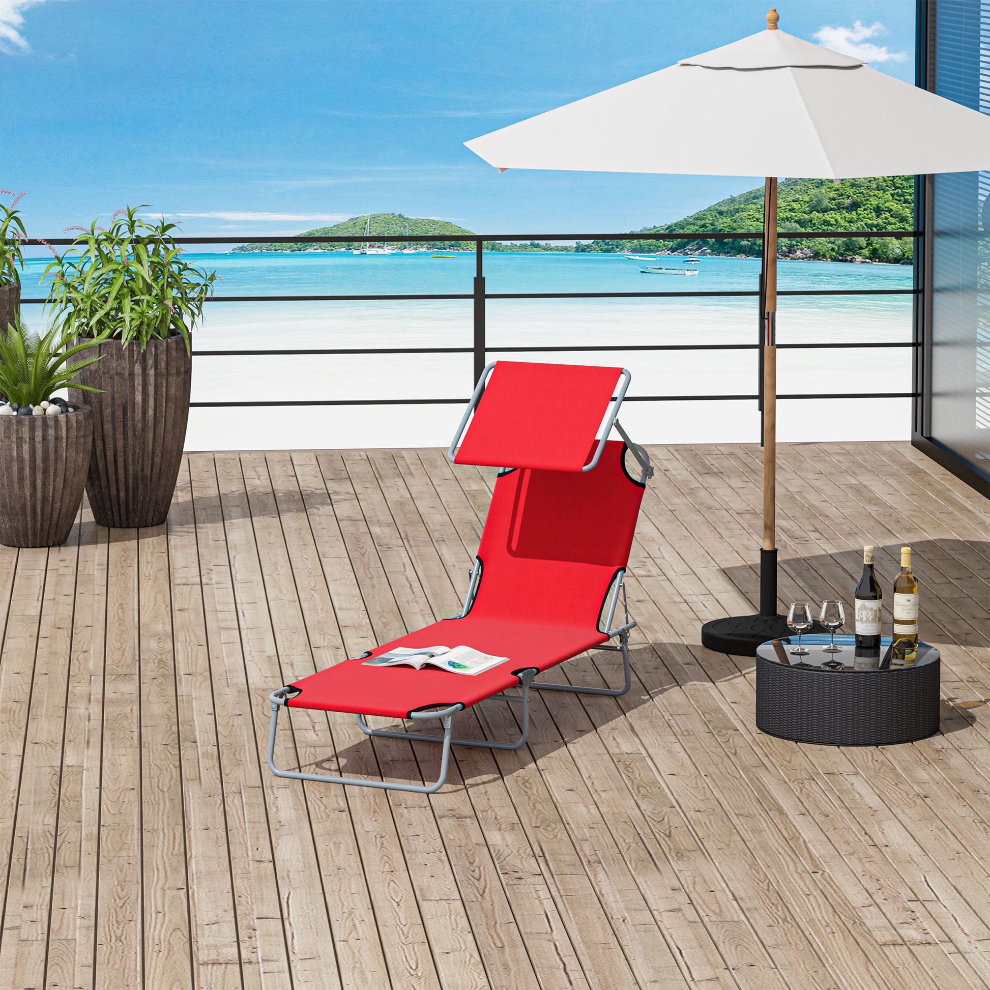 Outsunny Tumbona Plegable Tumbona de Jardín Exterior Reclinable con Toldo Desmontable con Ángulo Regulable Respaldo Ajustable en 4 Niveles para Terraza Piscina Patio 187x58x36 cm Rojo