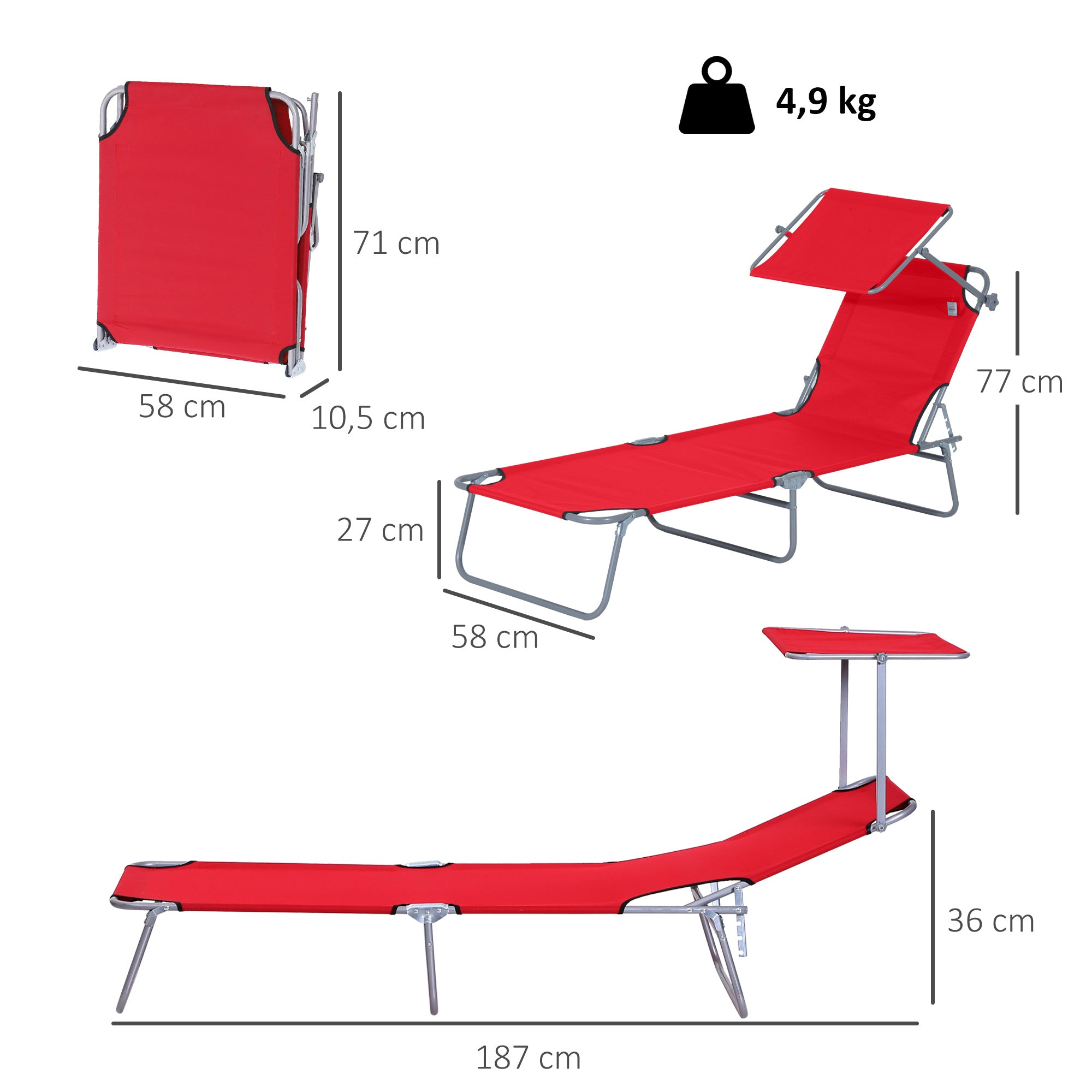 Outsunny Tumbona Plegable Tumbona de Jardín Exterior Reclinable con Toldo Desmontable con Ángulo Regulable Respaldo Ajustable en 4 Niveles para Terraza Piscina Patio 187x58x36 cm Rojo