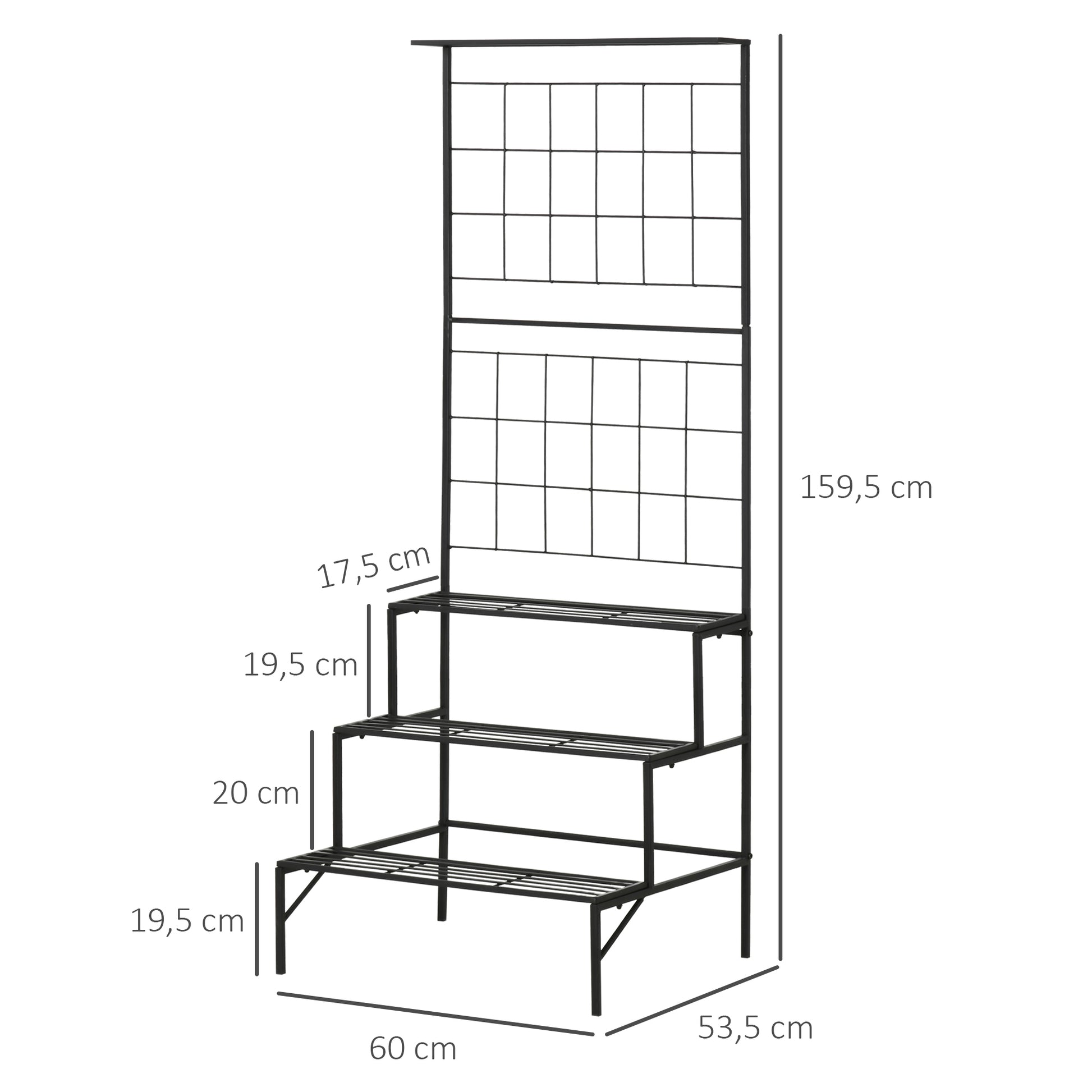Outsunny Soporte para Plantas con Enrejado de Metal Estantería para Macetas Trepadoras con 3 Estantes para Exteriores Jardín Balcón 60x53,5x159,5 cm Negro