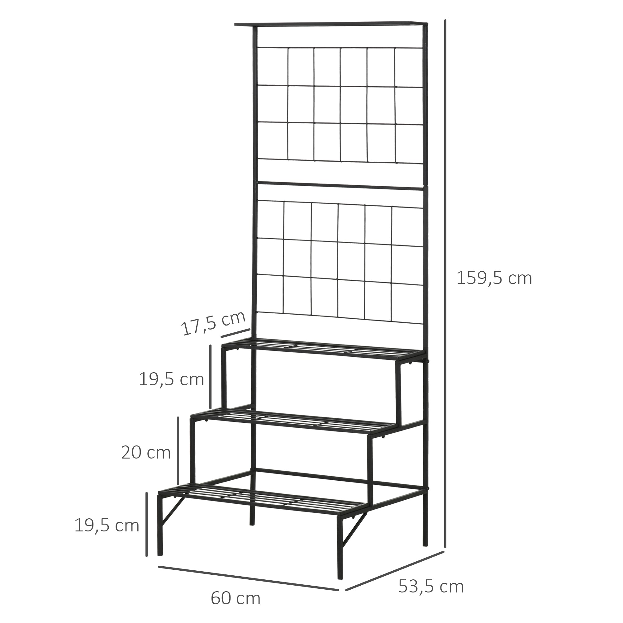 Outsunny Soporte para Plantas con Enrejado de Metal Estantería para Macetas Trepadoras con 3 Estantes para Exteriores Jardín Balcón 60x53,5x159,5 cm Negro
