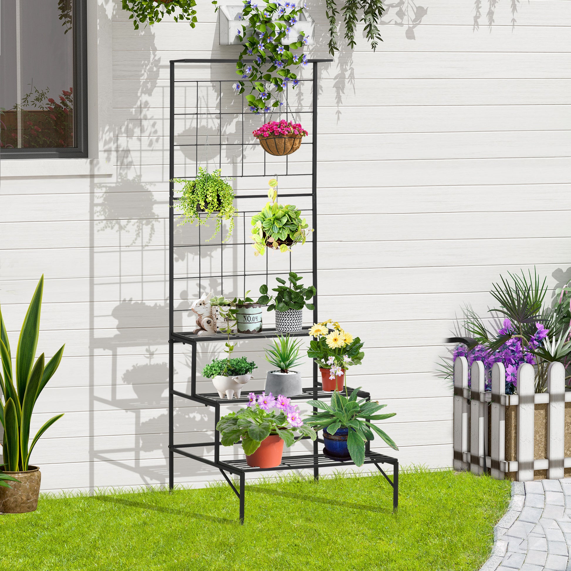 Outsunny Soporte para Plantas con Enrejado de Metal Estantería para Macetas Trepadoras con 3 Estantes para Exteriores Jardín Balcón 60x53,5x159,5 cm Negro