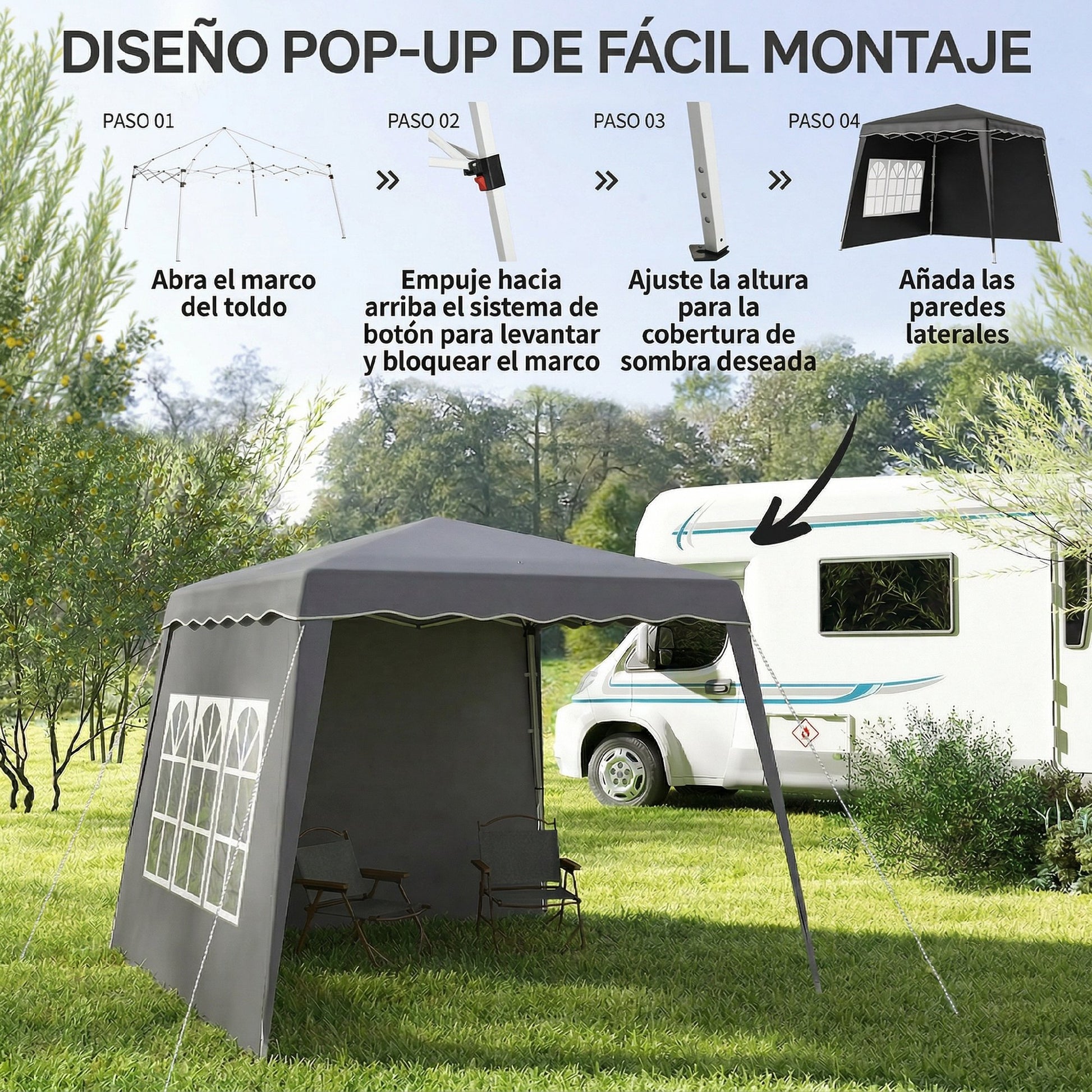 Outsunny Carpa Plegable Pop-up 3x3 m Cenador Pabellón de Jardín con 2 Paredes Laterales Altura Ajustable y Bolsa de Transporte Protección UV50+ Impermeable Gazebo para Camping Fiestas Exterior Gris