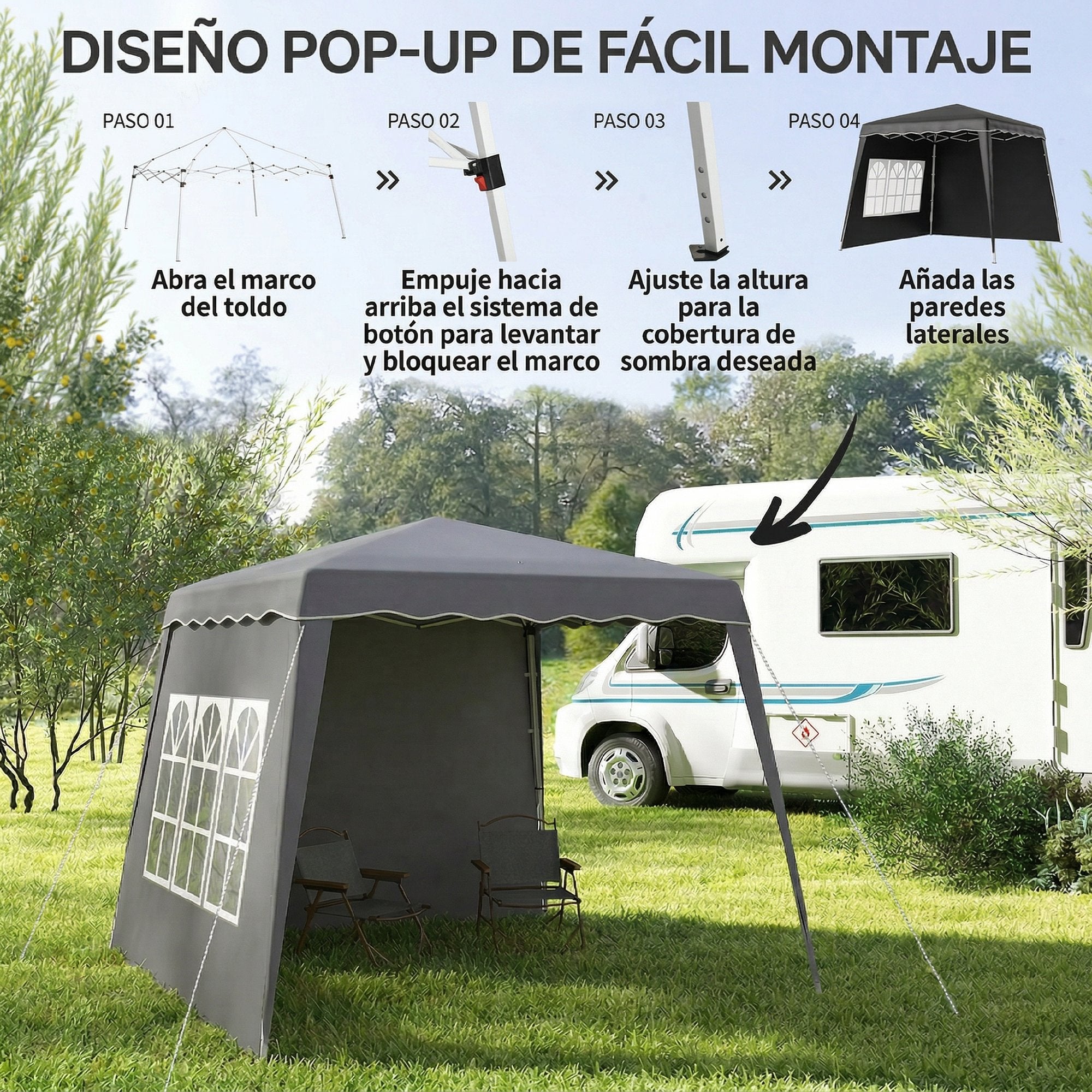Outsunny Carpa Plegable Pop-up 3x3 m Cenador Pabellón de Jardín con 2 Paredes Laterales Altura Ajustable y Bolsa de Transporte Protección UV50+ Impermeable Gazebo para Camping Fiestas Exterior Gris