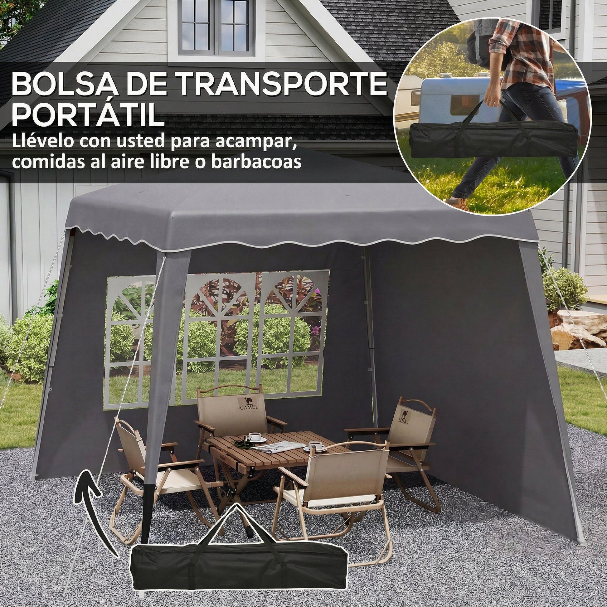 Outsunny Carpa Plegable Pop-up 3x3 m Cenador Pabellón de Jardín con 2 Paredes Laterales Altura Ajustable y Bolsa de Transporte Protección UV50+ Impermeable Gazebo para Camping Fiestas Exterior Gris