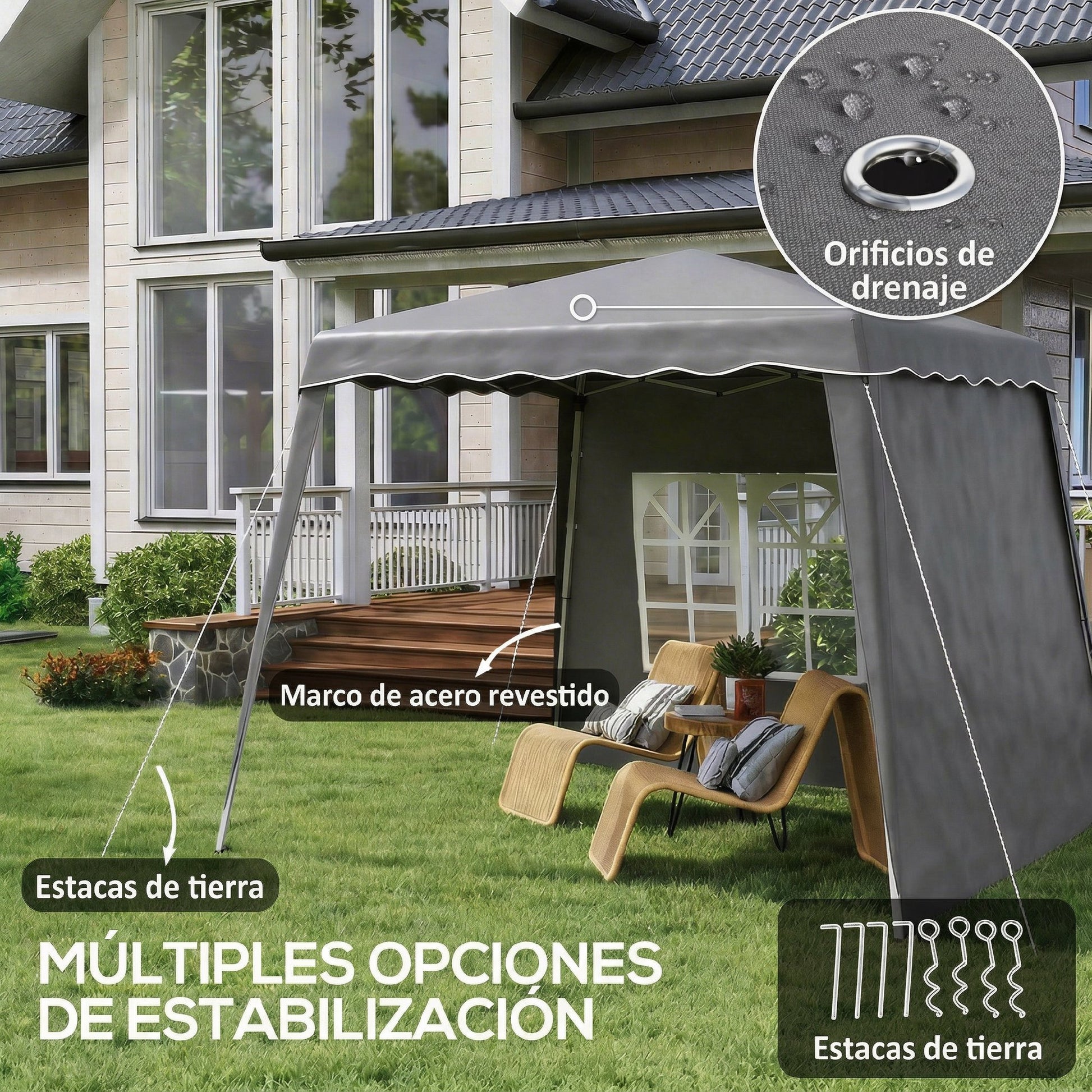 Outsunny Carpa Plegable Pop-up 3x3 m Cenador Pabellón de Jardín con 2 Paredes Laterales Altura Ajustable y Bolsa de Transporte Protección UV50+ Impermeable Gazebo para Camping Fiestas Exterior Gris