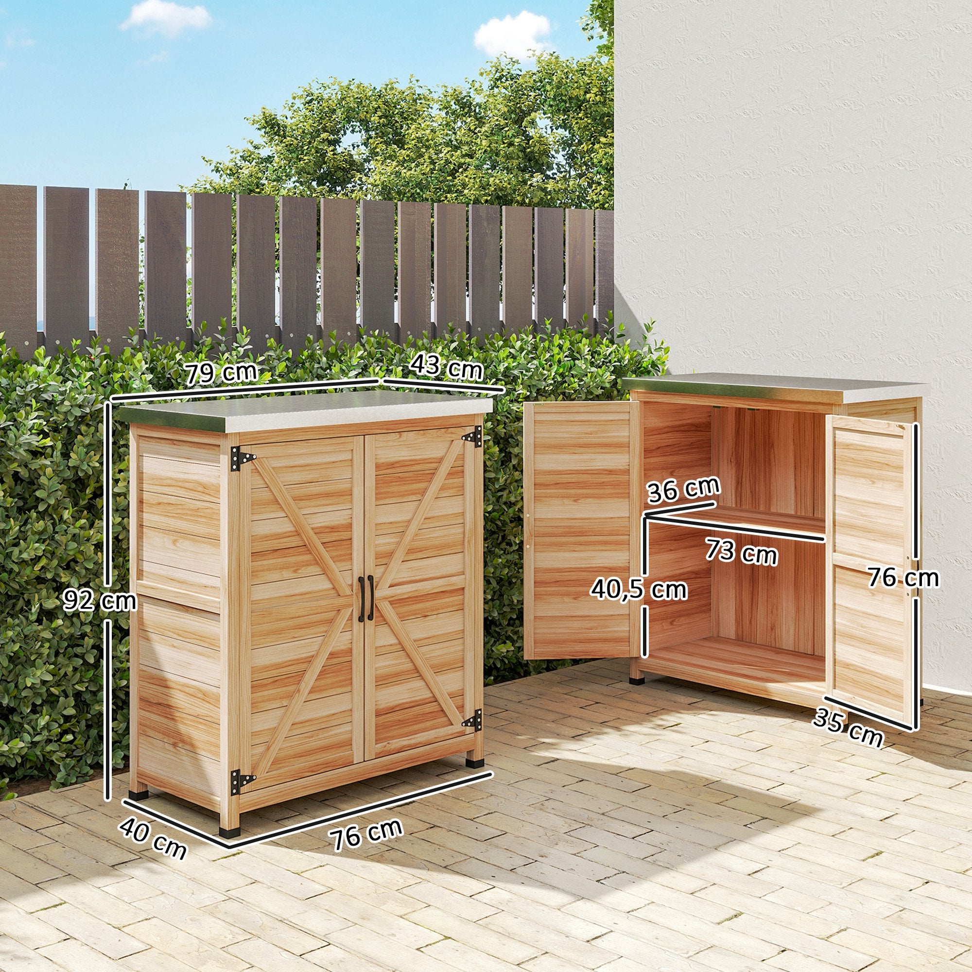 Outsunny Armario de Exterior de Madera, Caseta de Jardín Exterior con Techo de Acero Galvanizado, Estante, 2 Puertas, Cobertizo de Jardín para Almacenamiento de Herramientas, 79x43x92 cm, Natural