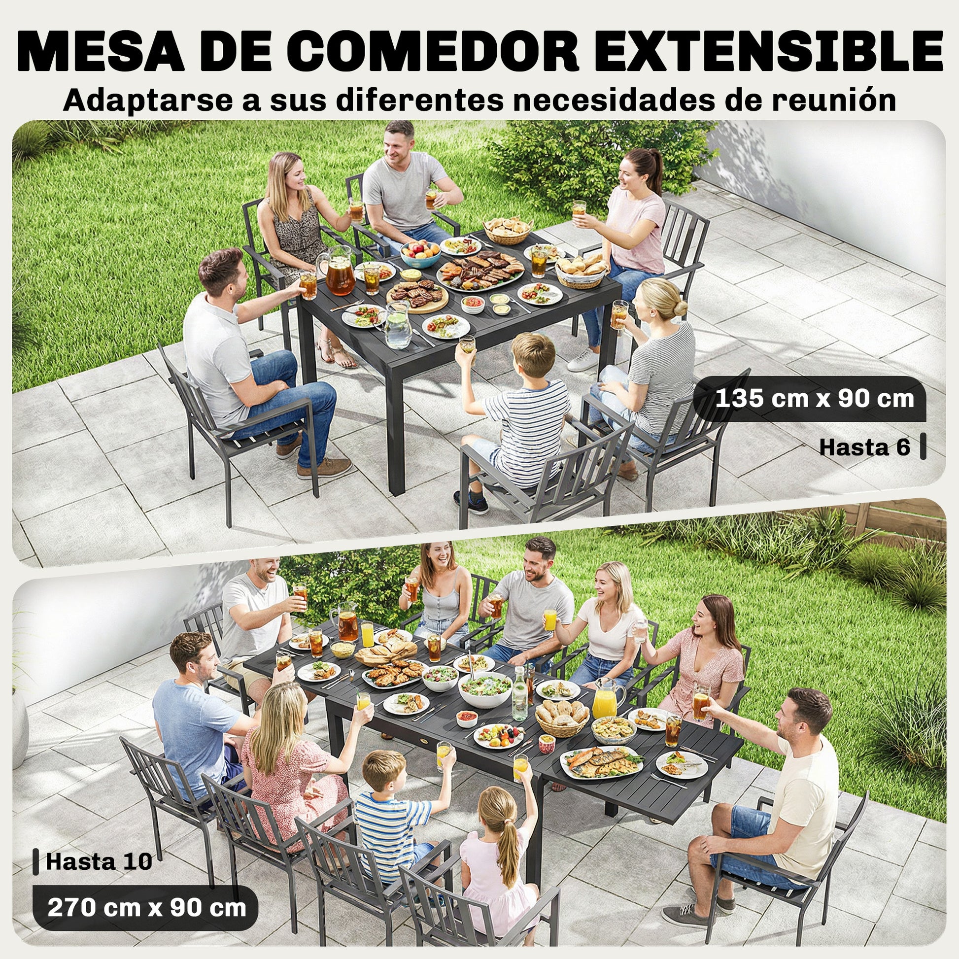 Outsunny Mesa de Jardín Extensible 135/270x90 cm, Mesa de Comedor Exterior Extensible Rectangular de Aluminio, con Superficie de Lamas para 6-10 Personas, para Patio, Terraza, Gris Oscuro