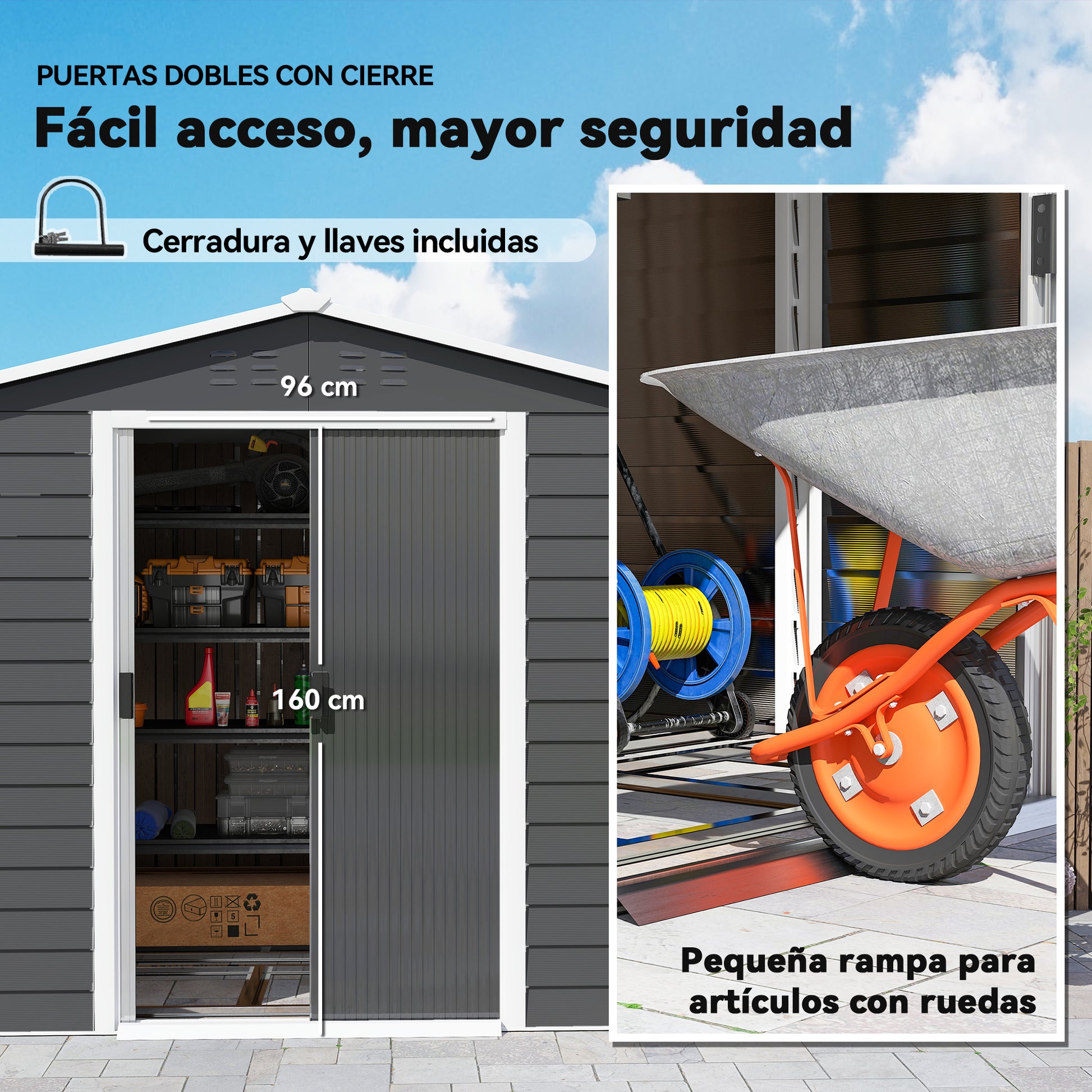 Outsunny Caseta de Jardín Exterior 4,4 m², 240x206x198 cm, Cobertizo de Jardín Exterior Metálico con Base Refuerzo (Suelo NO Incluido), Puerta Corredera con Cerradura y 4 Ventanas para Patio, Gris