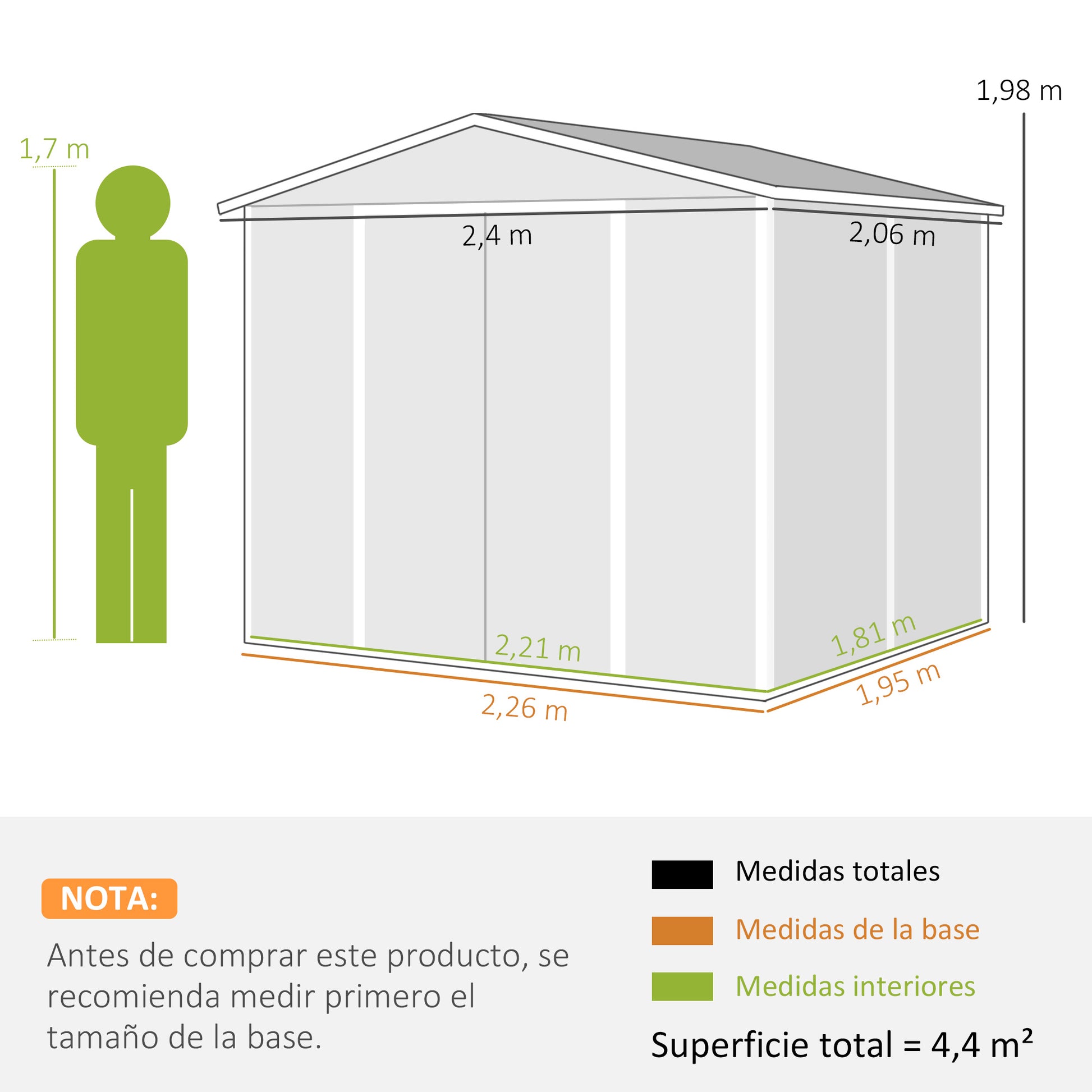 Outsunny Caseta de Jardín Exterior 4,4 m², 240x206x198 cm, Cobertizo de Jardín Exterior Metálico con Base Refuerzo (Suelo NO Incluido), Puerta Corredera con Cerradura y 4 Ventanas para Patio, Gris