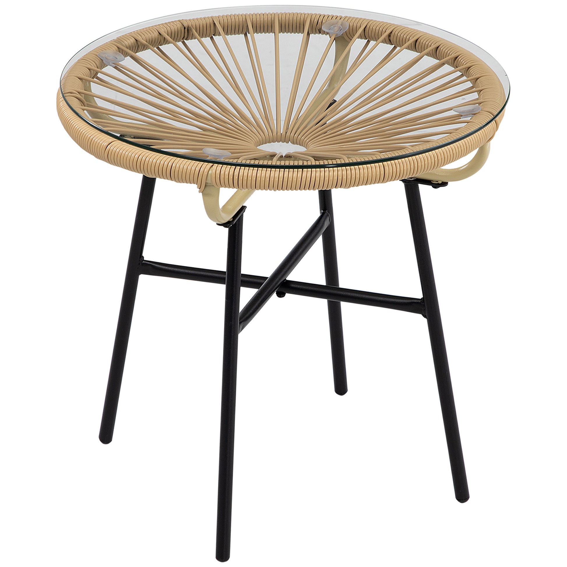 Outsunny Mesa de Jardín de Ratán Sintético Mesa de Centro Redonda para Exteriores con Tablero de Vidrio Templado y Patas de Metal para Patio Balcón Ø50x50 cm Beige