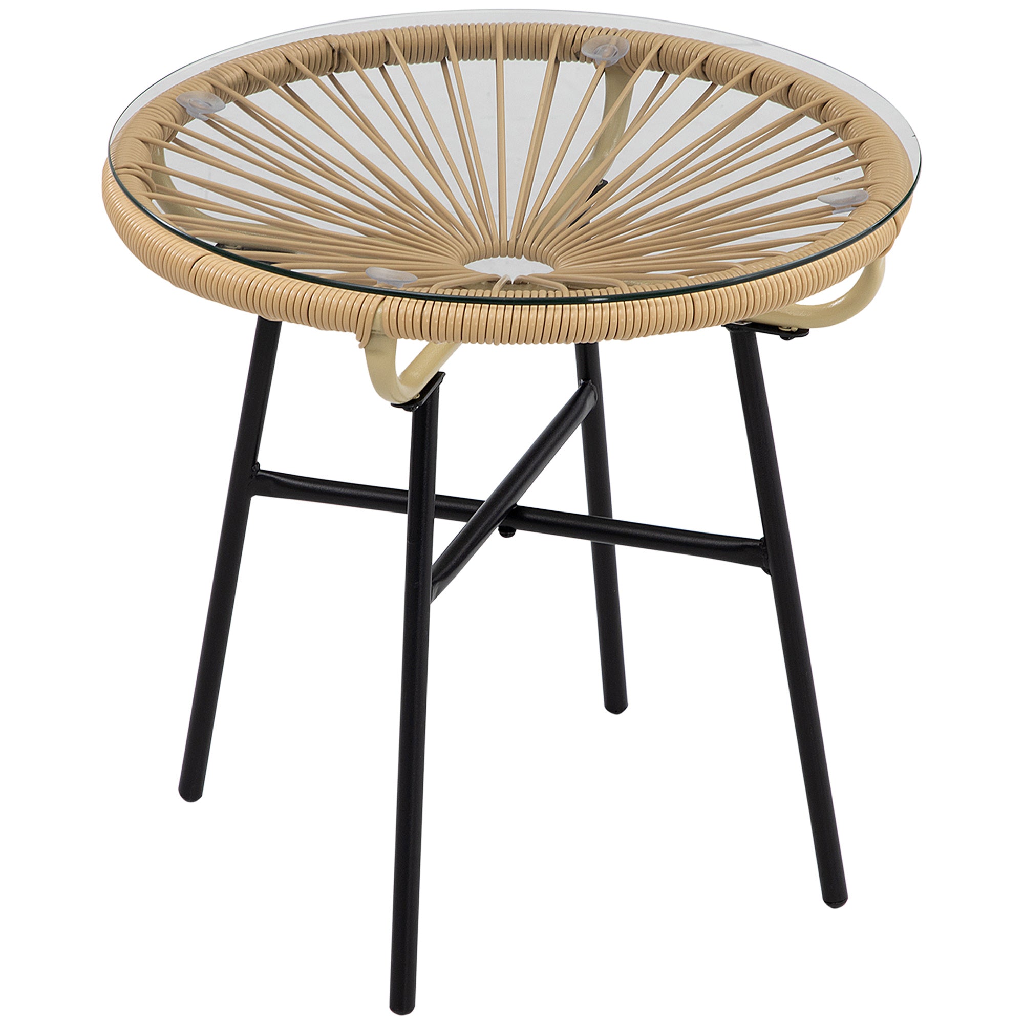 Outsunny Mesa de Jardín de Ratán Sintético Mesa de Centro Redonda para Exteriores con Tablero de Vidrio Templado y Patas de Metal para Patio Balcón Ø50x50 cm Beige