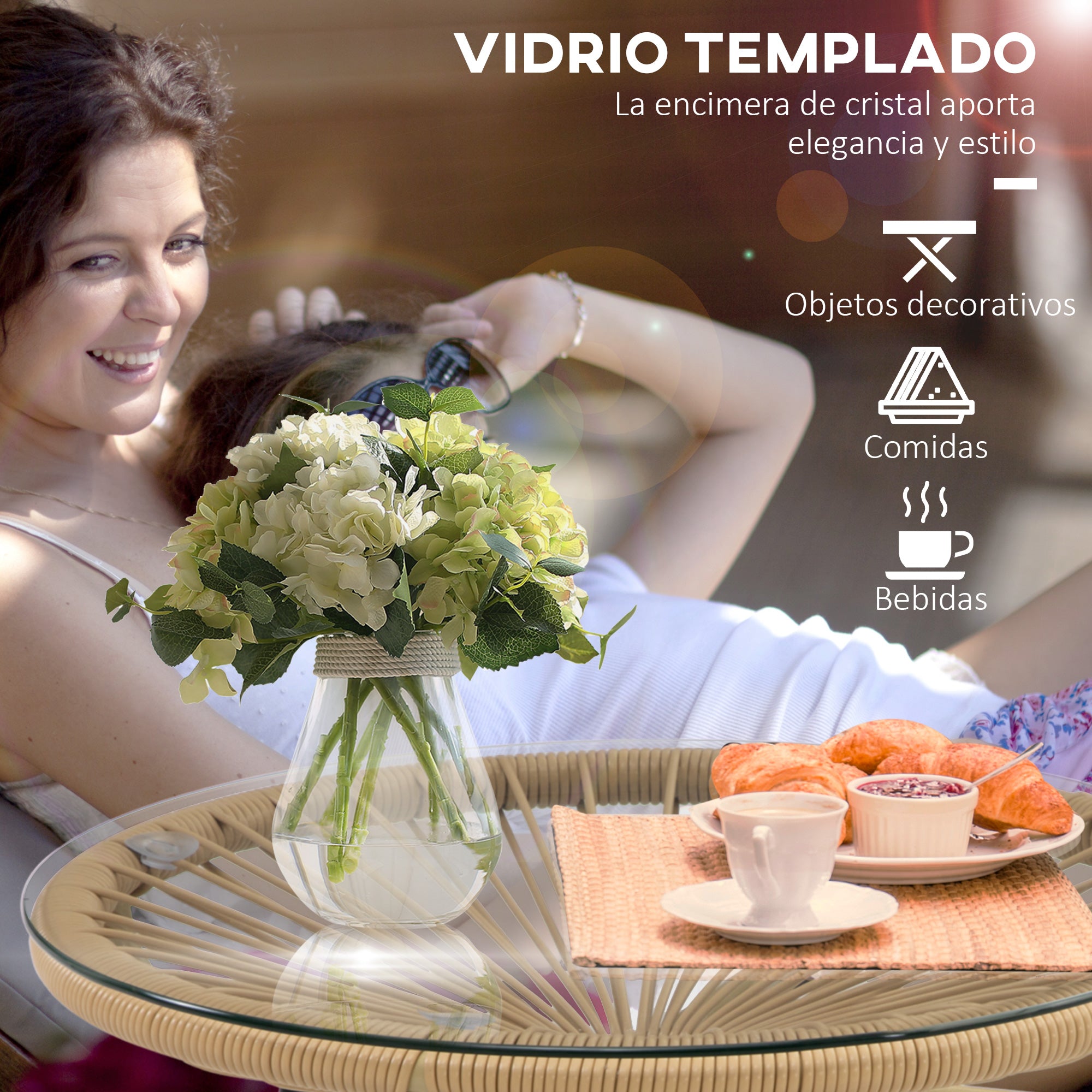 Outsunny Mesa de Jardín de Ratán Sintético Mesa de Centro Redonda para Exteriores con Tablero de Vidrio Templado y Patas de Metal para Patio Balcón Ø50x50 cm Beige
