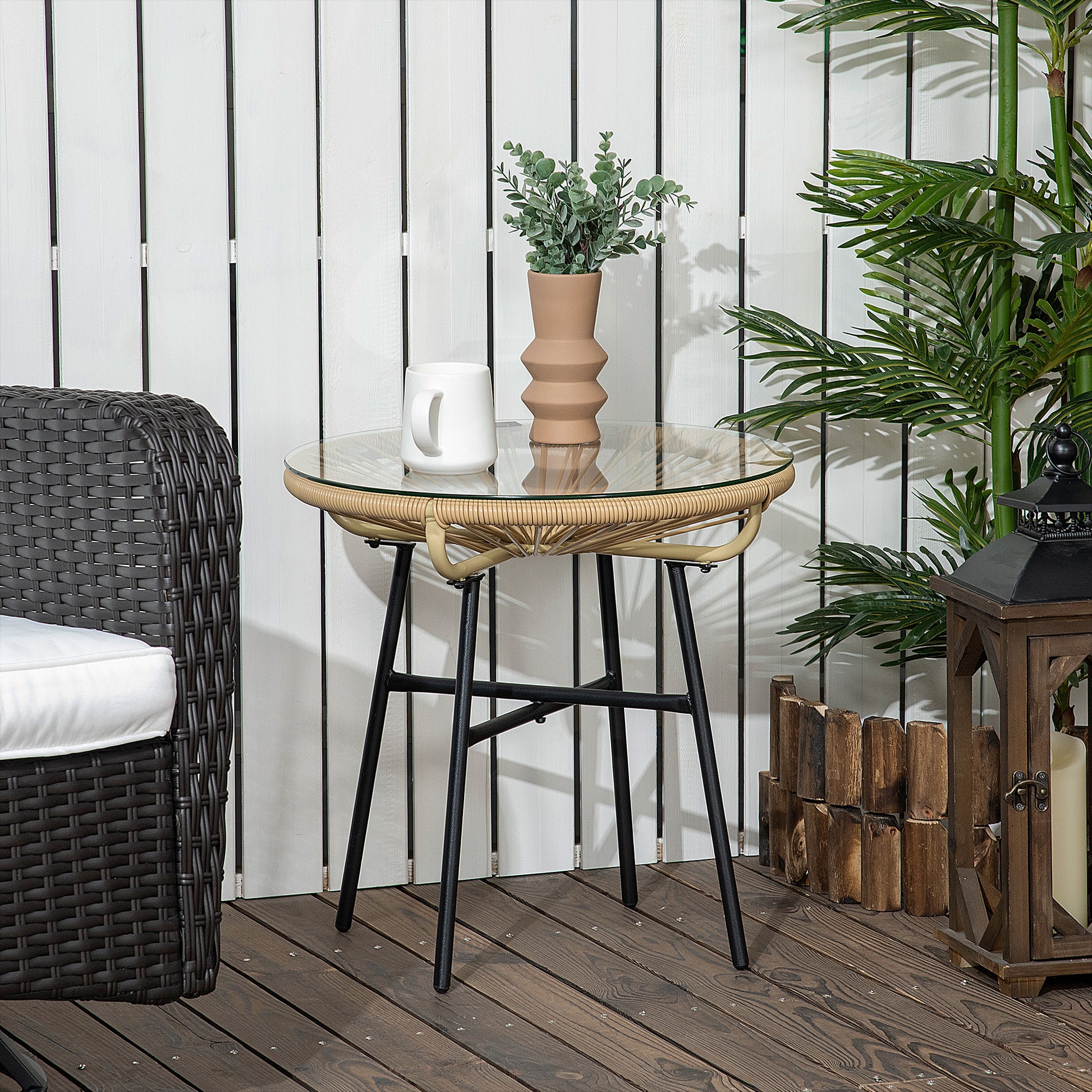 Outsunny Mesa de Jardín de Ratán Sintético Mesa de Centro Redonda para Exteriores con Tablero de Vidrio Templado y Patas de Metal para Patio Balcón Ø50x50 cm Beige