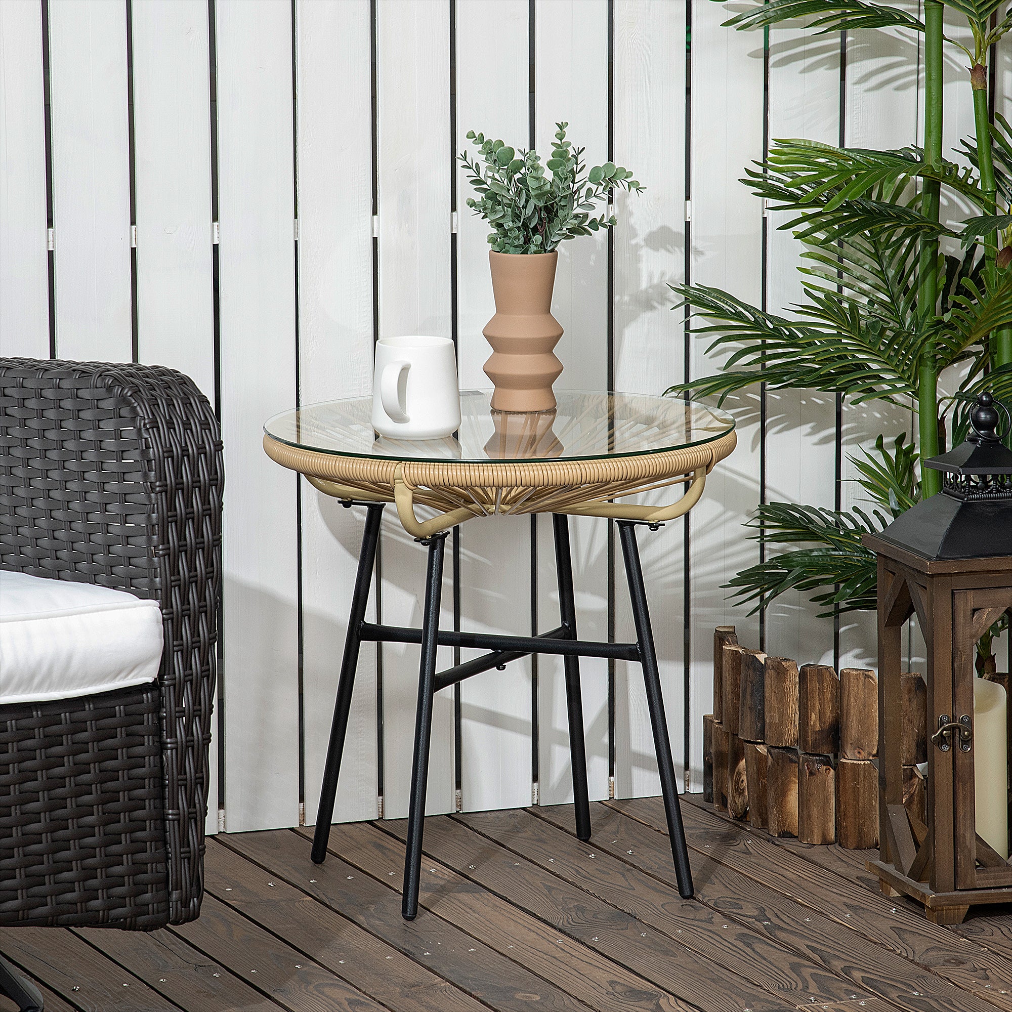 Outsunny Mesa de Jardín de Ratán Sintético Mesa de Centro Redonda para Exteriores con Tablero de Vidrio Templado y Patas de Metal para Patio Balcón Ø50x50 cm Beige
