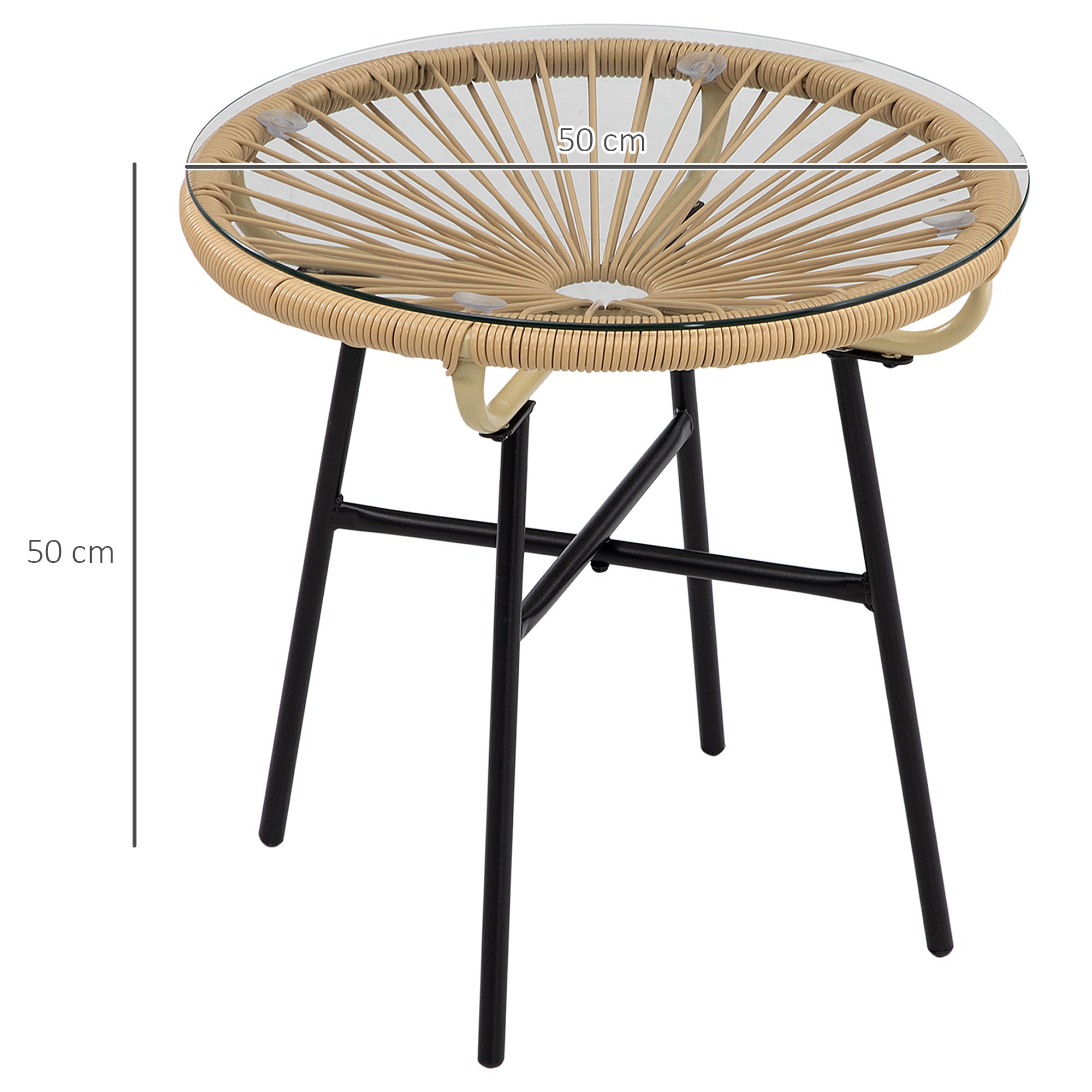 Outsunny Mesa de Jardín de Ratán Sintético Mesa de Centro Redonda para Exteriores con Tablero de Vidrio Templado y Patas de Metal para Patio Balcón Ø50x50 cm Beige