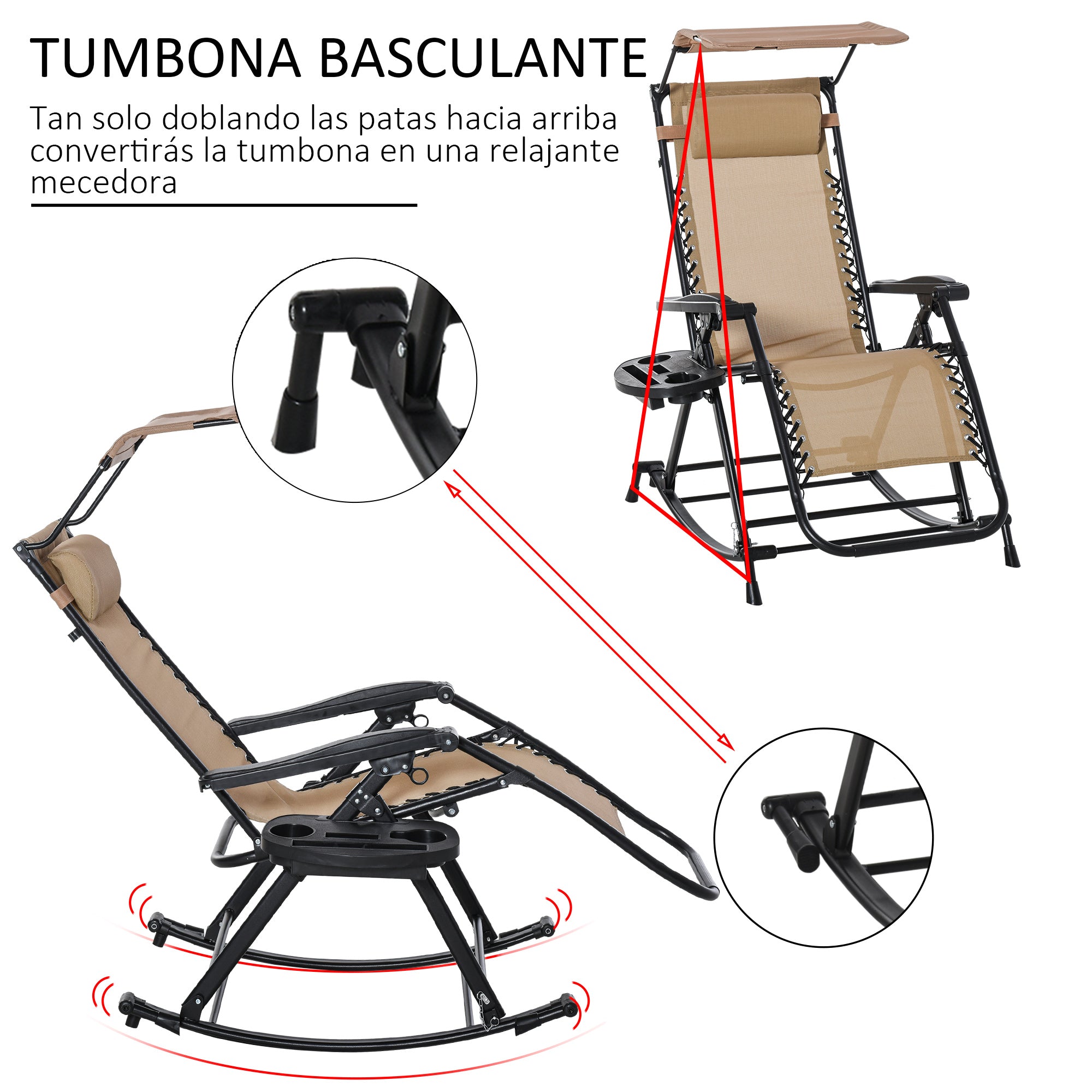 Outsunny Silla Mecedora de Jardín Plegable Tumbona Reclinable con Techo Protección Solar Reposacabezas Extraíble y Reposapiés Estructura de Acero 120x67x102 cm Beige