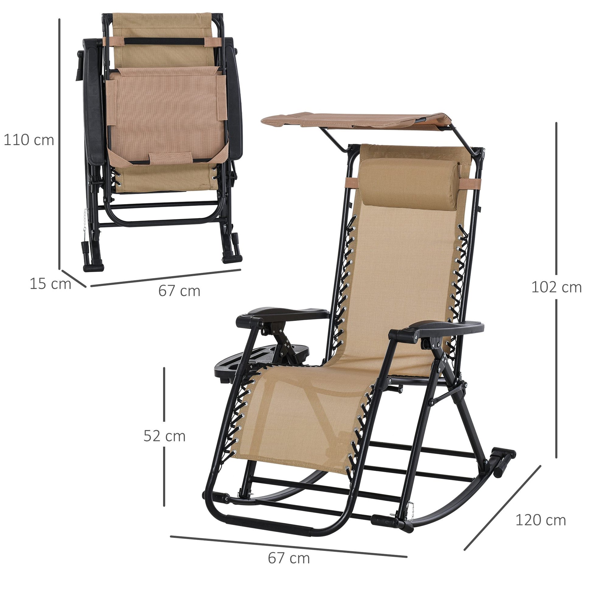 Outsunny Silla Mecedora de Jardín Plegable Tumbona Reclinable con Techo Protección Solar Reposacabezas Extraíble y Reposapiés Estructura de Acero 120x67x102 cm Beige