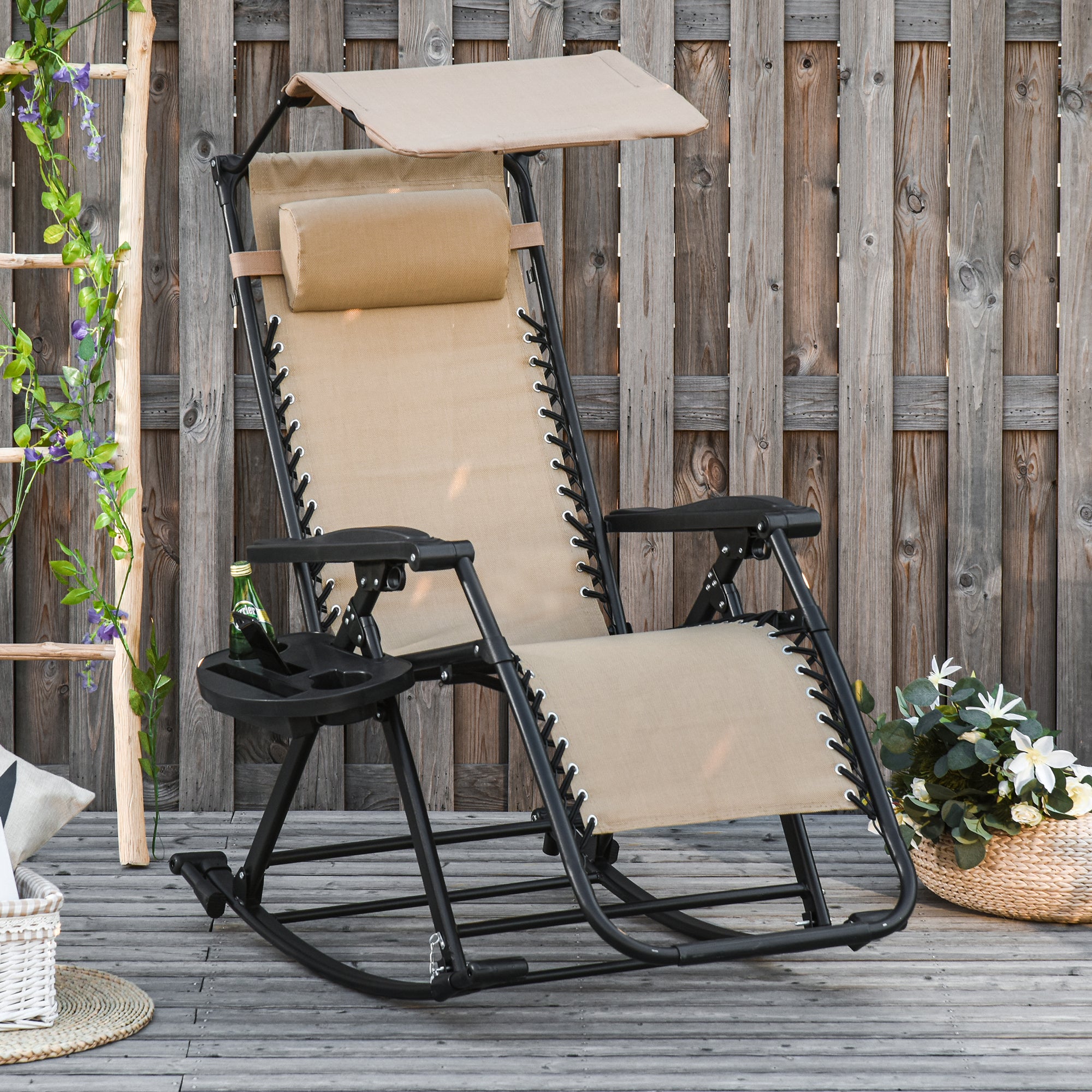 Outsunny Silla Mecedora de Jardín Plegable Tumbona Reclinable con Techo Protección Solar Reposacabezas Extraíble y Reposapiés Estructura de Acero 120x67x102 cm Beige