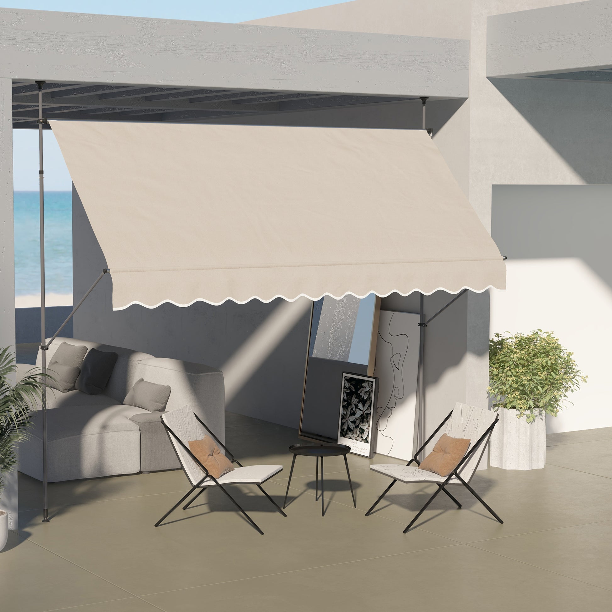 Outsunny Toldo Manual Retráctil 3,5x1,2 m Toldo Exterior Terraza Enrollable Altura Ajustable con Manivela 210-300 cm Sin Taladro Protección UV30+ para Balcón Jardín Arena