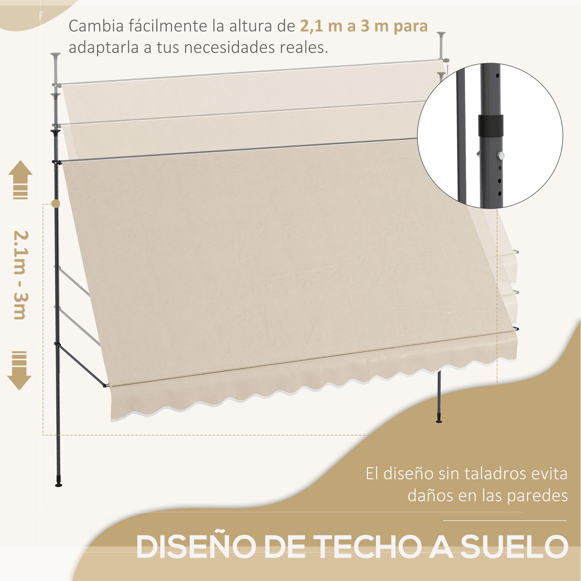 Outsunny Toldo Manual Retráctil 3,5x1,2 m Toldo Exterior Terraza Enrollable Altura Ajustable con Manivela 210-300 cm Sin Taladro Protección UV30+ para Balcón Jardín Arena