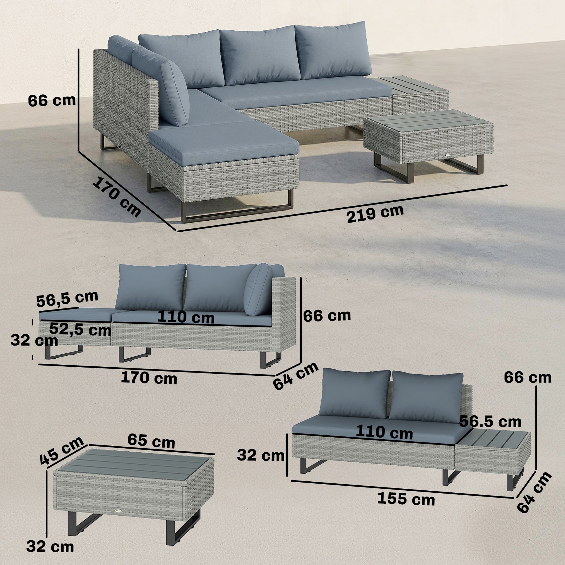 Outsunny Conjunto de Jardín de Ratán de 3 Piezas, Respaldo Ajustable, Conjunto Terraza, Muebles Jardín Exterior Incluye Cojines, Sofá de 3 Plazas, Sofá de 2 Plazas, Mesa de Madera Plástico, Gris