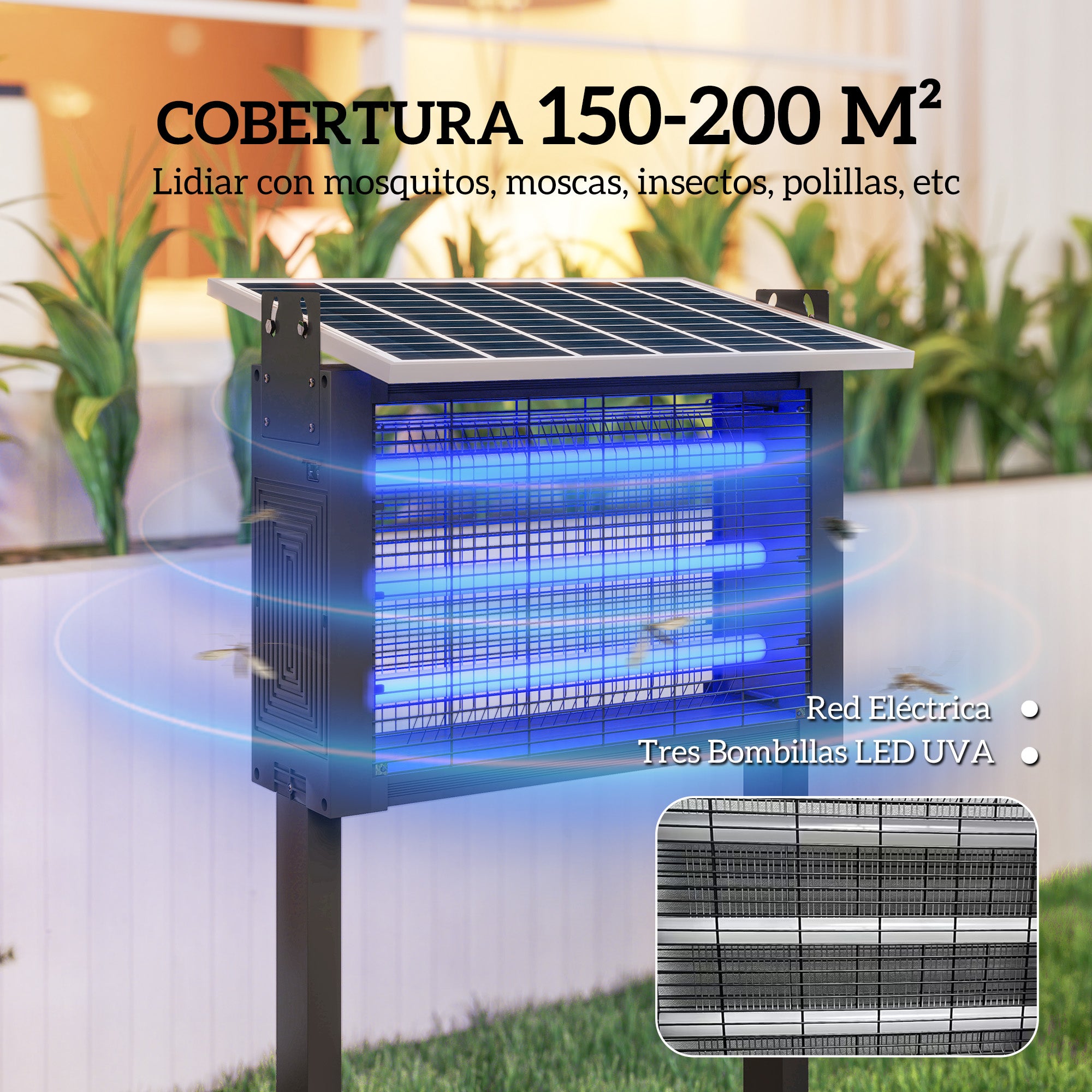 Outsunny Lámpara Antimosquitos Eléctrica con Luces LED Mata Mosquitos Eléctrico 25W para Exterior Efecto 200 m² con Soporte Panel Ajustable Lámpara UV Repelente de Insectos Moscas Polillas