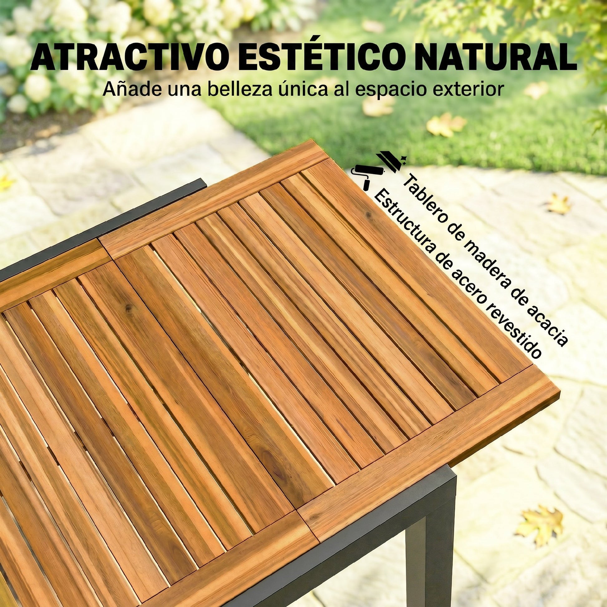 Outsunny Mesa de Jardín Extensible 120/80x70 cm, Mesa de Comedor Exterior Extensible Rectangular con Estructura de Acero y Tablero de Madera de Acacia, para 4-6 Personas, para Patio, Terraza, Natural