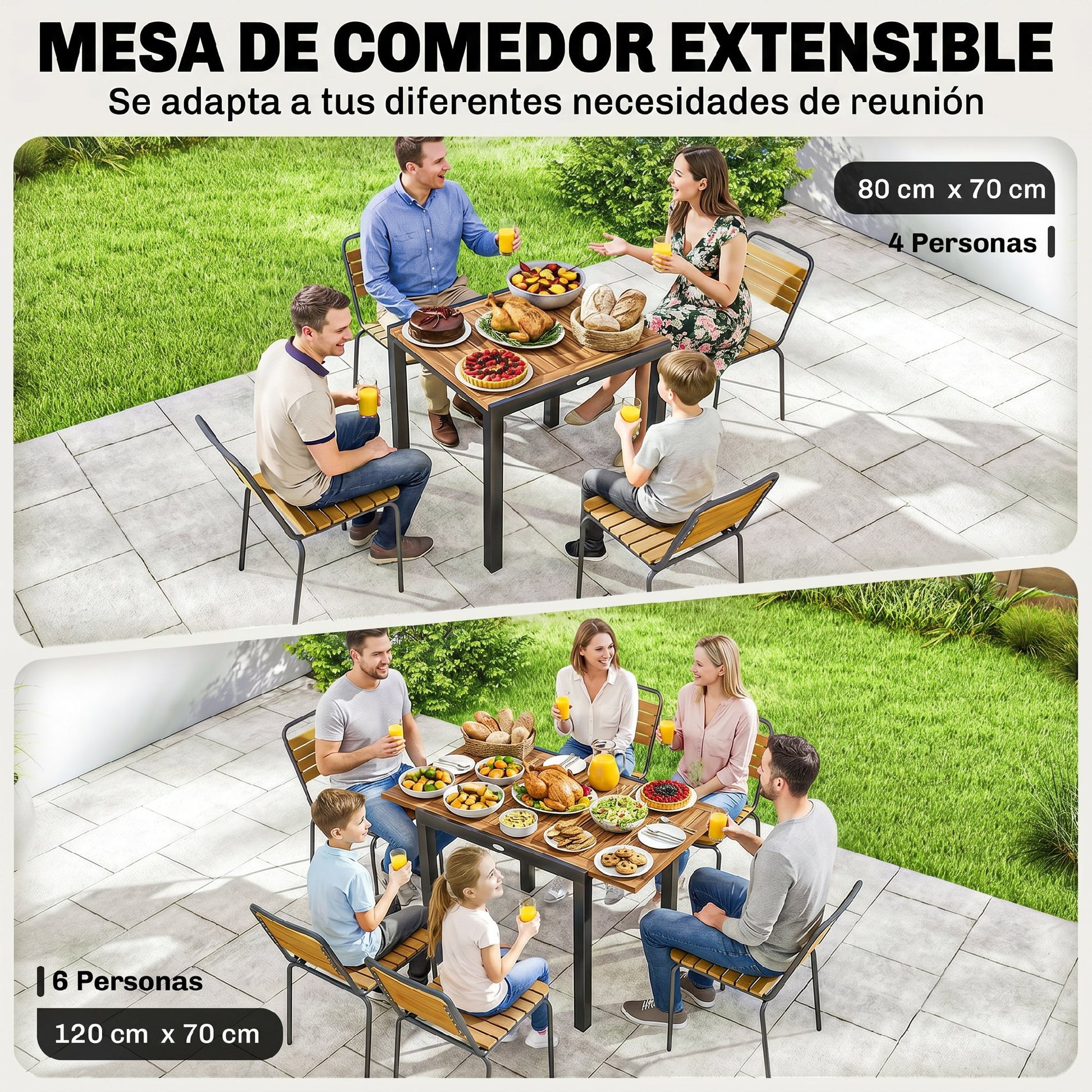 Outsunny Mesa de Jardín Extensible 120/80x70 cm, Mesa de Comedor Exterior Extensible Rectangular con Estructura de Acero y Tablero de Madera de Acacia, para 4-6 Personas, para Patio, Terraza, Natural