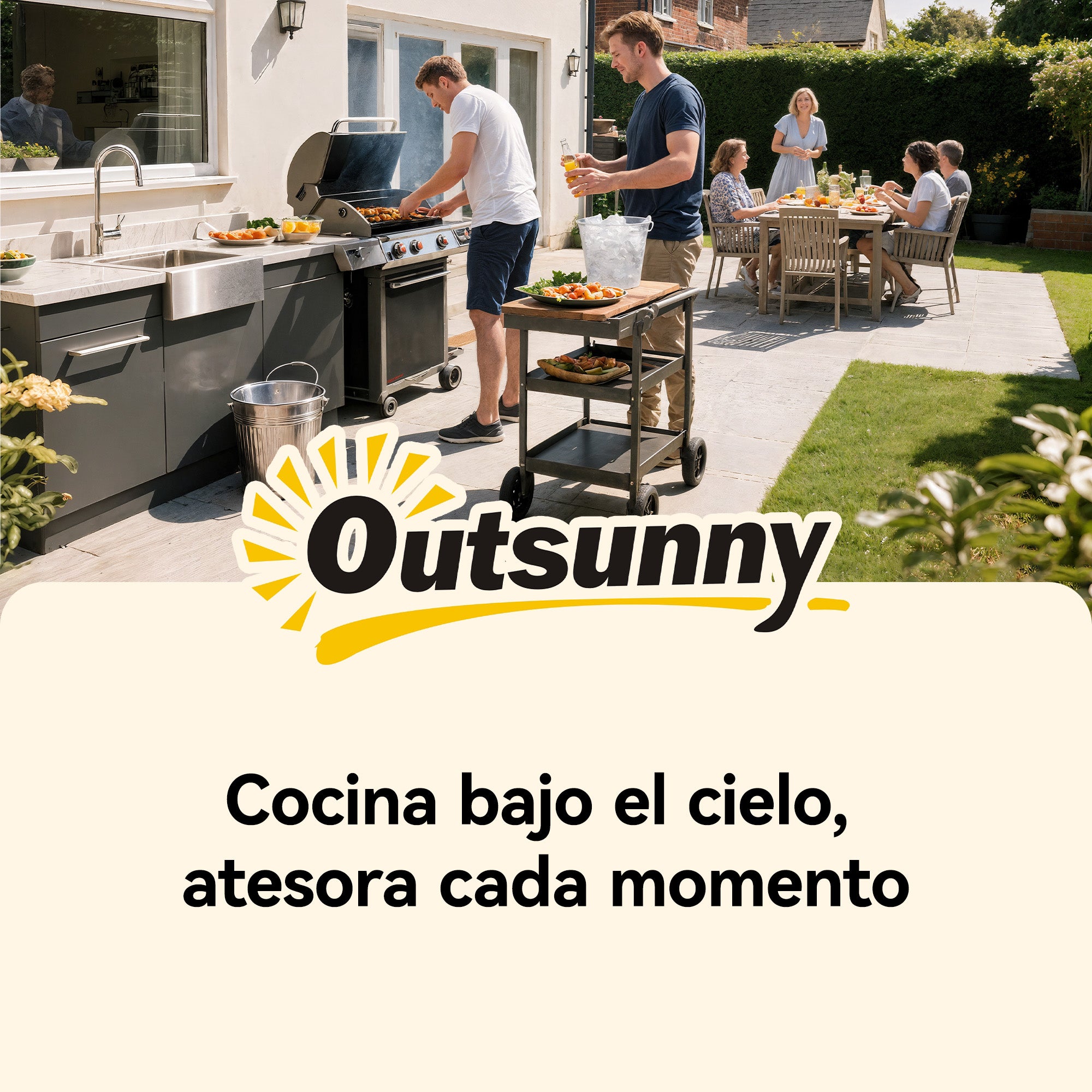 Outsunny Carrito de Barbacoa de 2 Niveles Mesa Auxiliar para Barbacoa Móvil con Ruedas Portabebidas Ganchos Asa Encimera Imitación madera Mesa de Horno de Pizza para Exterior Negro y Marrón