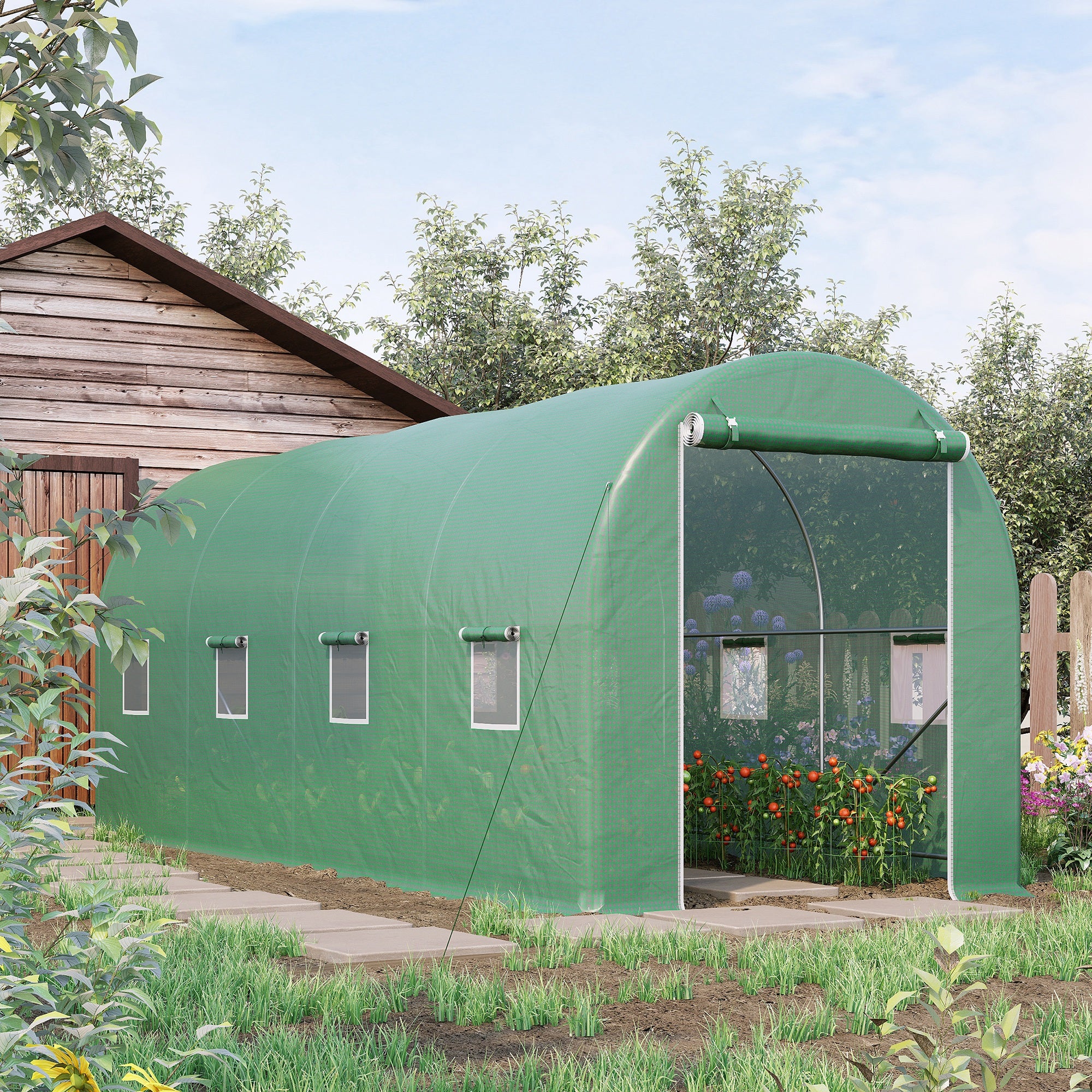 Outsunny Invernadero de Túnel 500x200x205 cm Invernadero de Jardín con Puerta Enrollable y 8 Ventanas Cubierta PE 140 g/m² Marco de Metal para Cultivo Plantas Verduras Verde