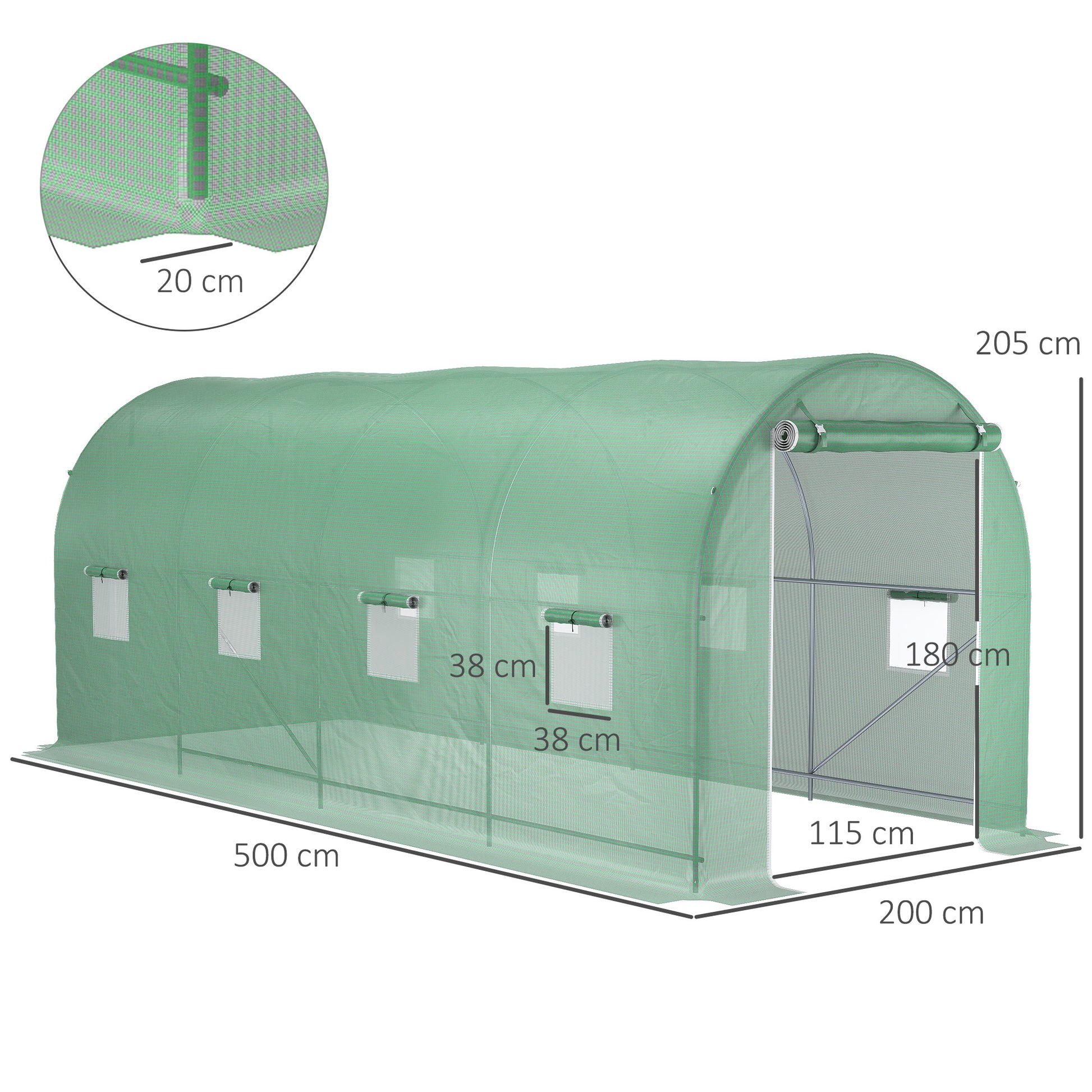 Outsunny Invernadero de Túnel 500x200x205 cm Invernadero de Jardín con Puerta Enrollable y 8 Ventanas Cubierta PE 140 g/m² Marco de Metal para Cultivo Plantas Verduras Verde
