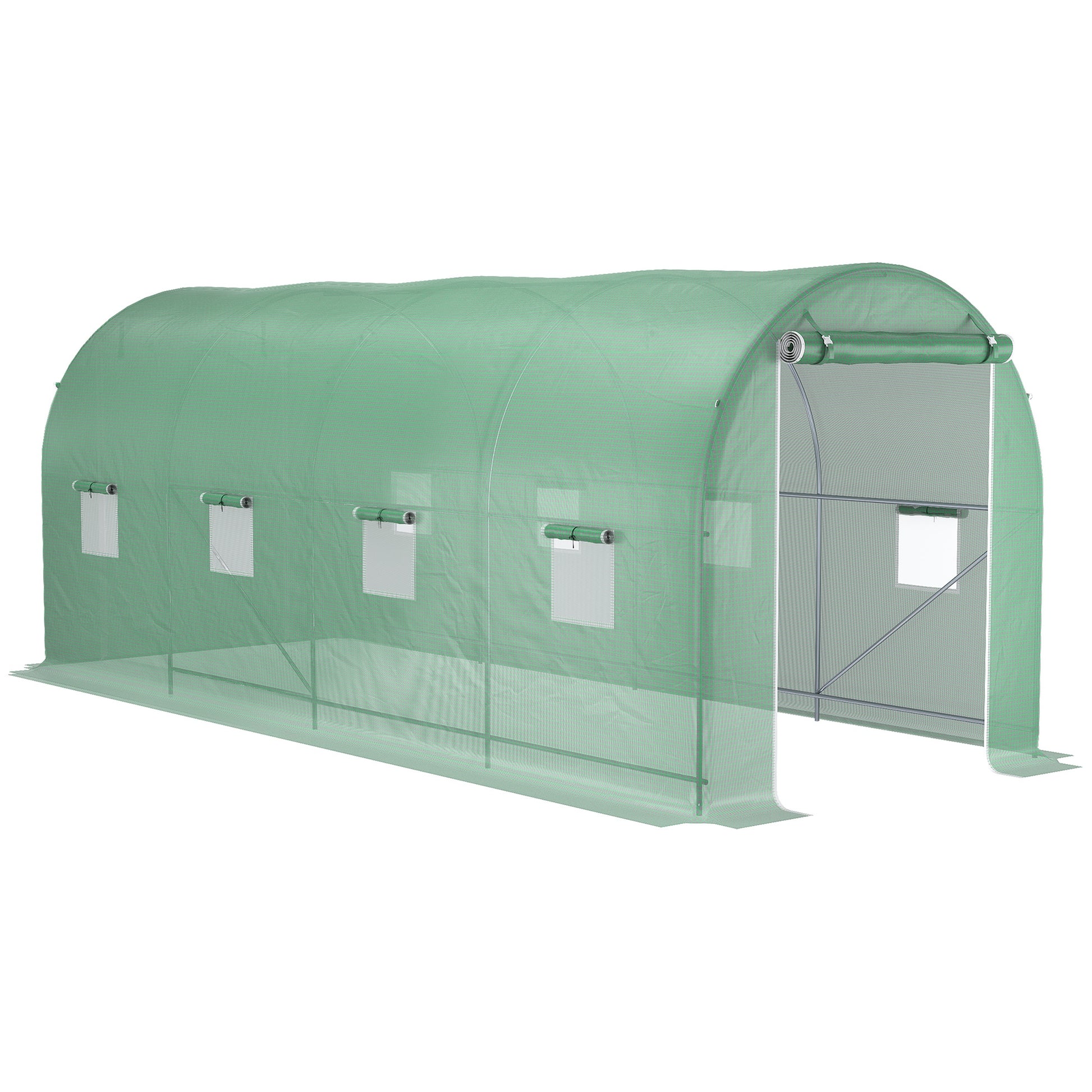 Outsunny Invernadero de Túnel 500x200x205 cm Invernadero de Jardín con Puerta Enrollable y 8 Ventanas Cubierta PE 140 g/m² Marco de Metal para Cultivo Plantas Verduras Verde