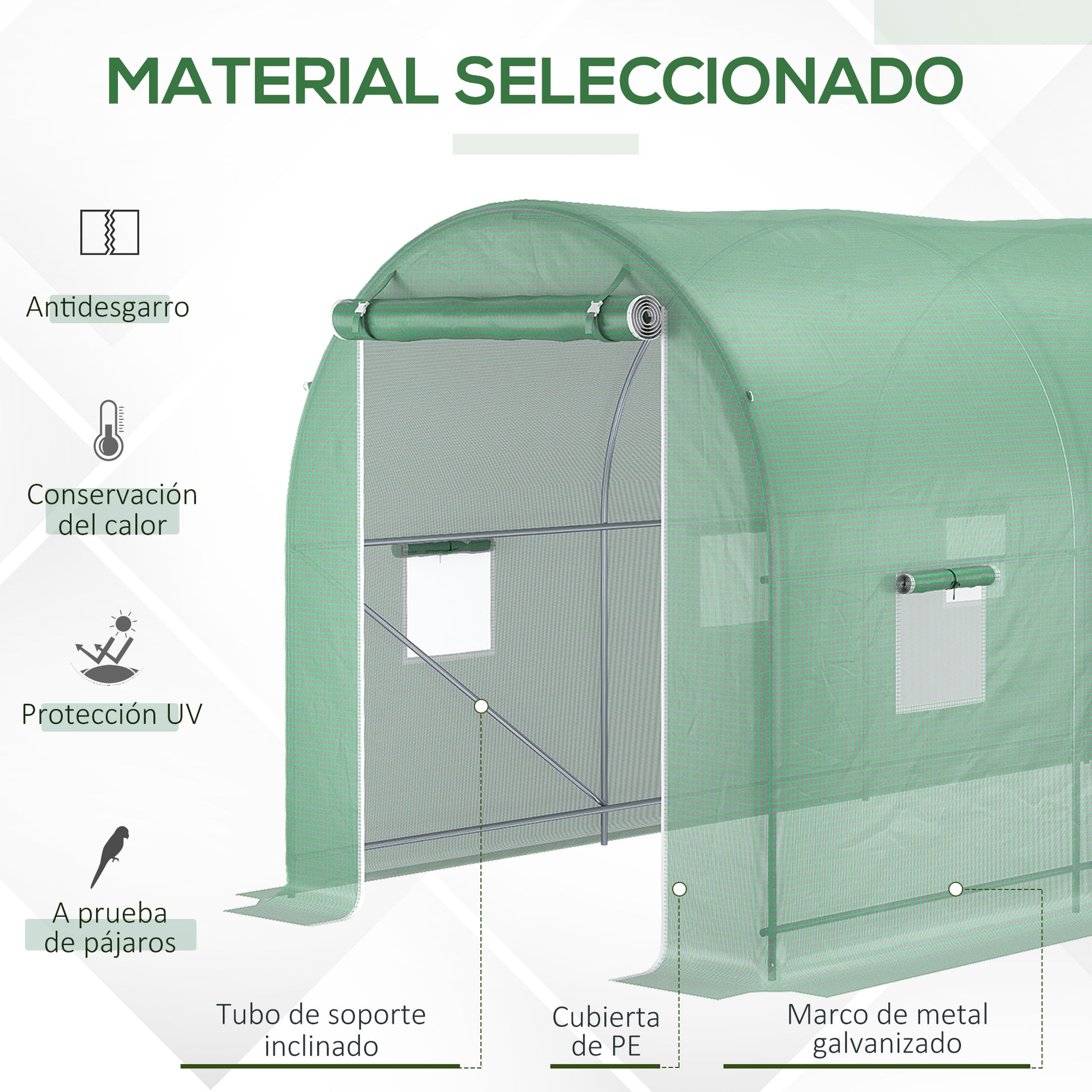 Outsunny Invernadero de Túnel 500x200x205 cm Invernadero de Jardín con Puerta Enrollable y 8 Ventanas Cubierta PE 140 g/m² Marco de Metal para Cultivo Plantas Verduras Verde