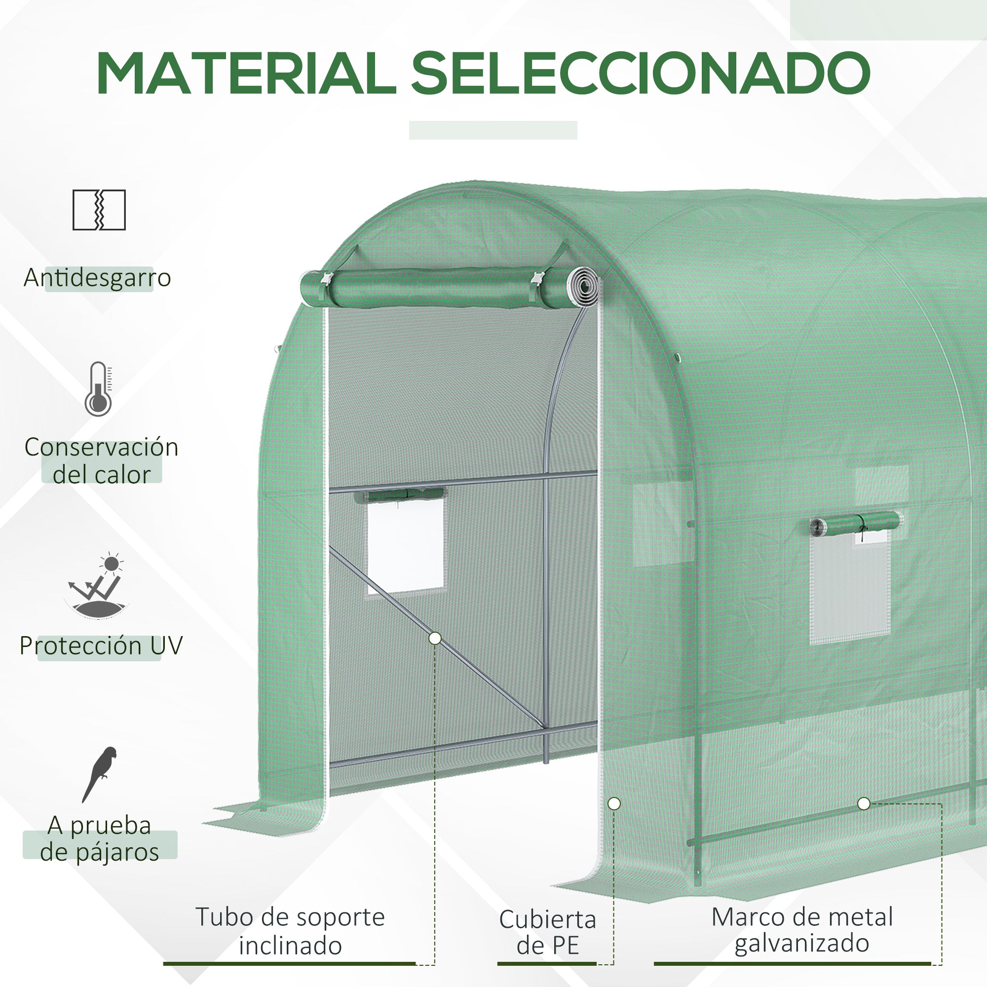 Outsunny Invernadero de Túnel 500x200x205 cm Invernadero de Jardín con Puerta Enrollable y 8 Ventanas Cubierta PE 140 g/m² Marco de Metal para Cultivo Plantas Verduras Verde