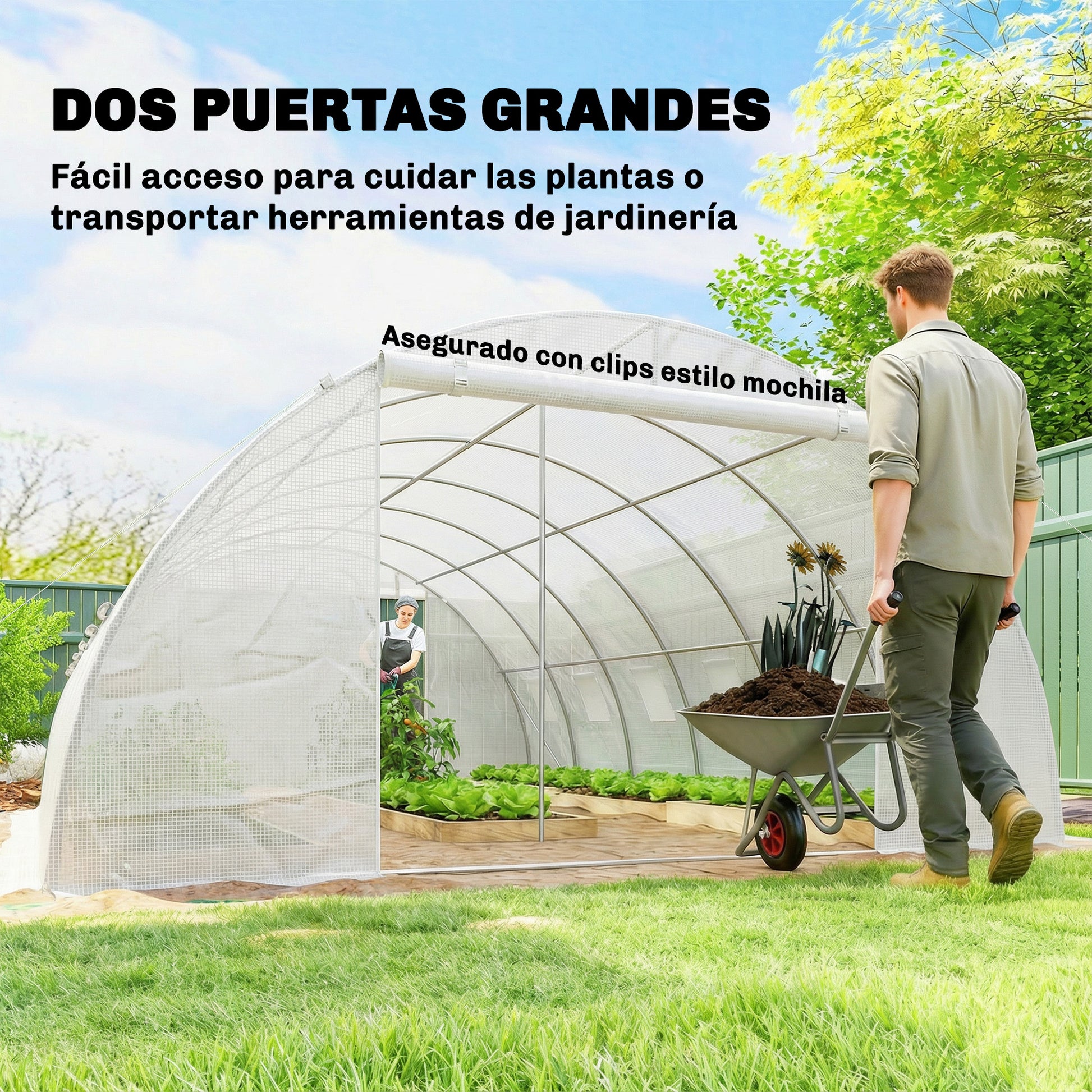 Outsunny Invernadero de Exterior 6x4x2 m, Invernadero de Túnel con 2 Varillas de Soporte, Puertas Enrollables, Ventanas de Malla, Cubierta PE y Marco de Acero Galvanizado, Anti-UV, Impermeable, Blanco